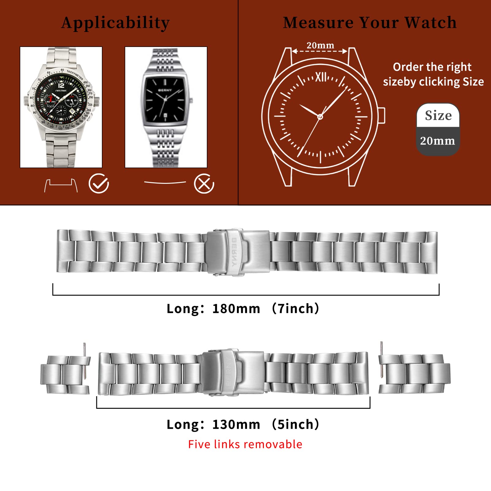 BERNY 20mm Stainless Steel Watch Bands Premium Solid Metal Watch Bracelet Straps for Men Women with Straight End Security Deployment Buckle - Image 3