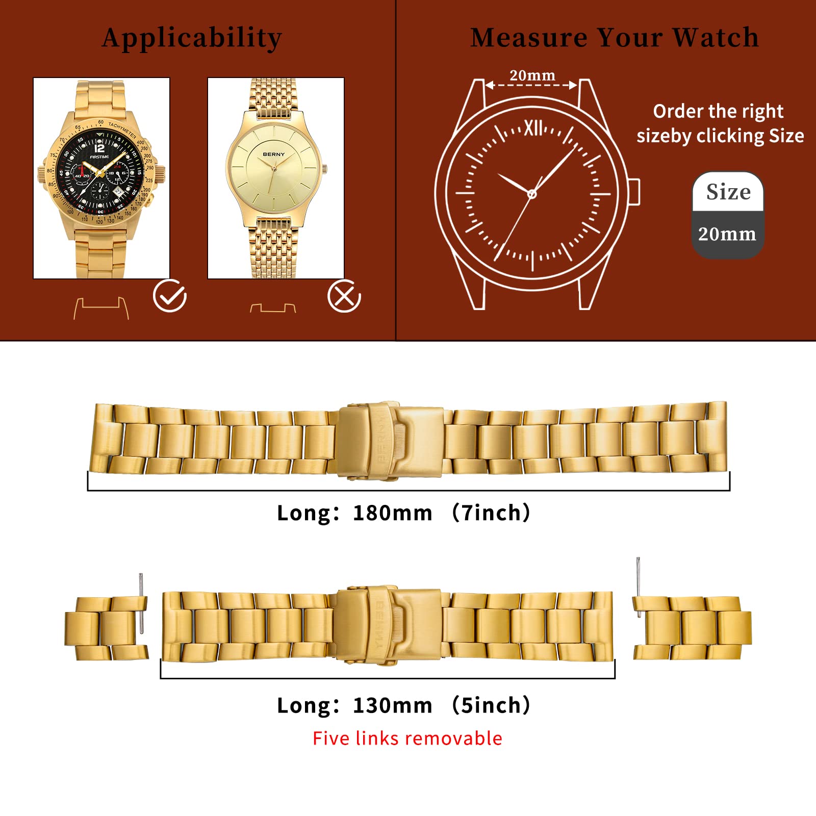 BERNY 20mm Stainless Steel Watch Bands Premium Solid Metal Watch Bracelet Straps for Men Women with Straight End Security Deployment Buckle - Image 3