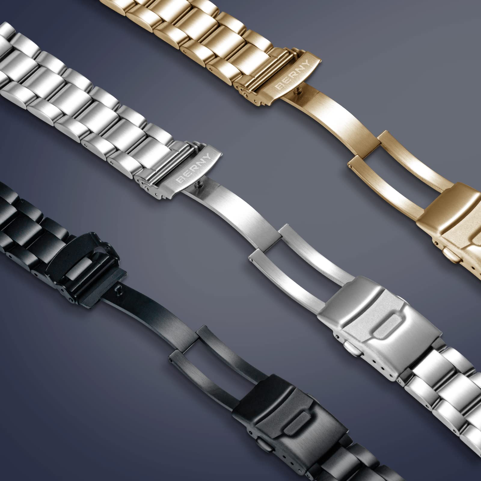 BERNY 20mm Stainless Steel Watch Bands Premium Solid Metal Watch Bracelet Straps for Men Women with Straight End Security Deployment Buckle - Image 5