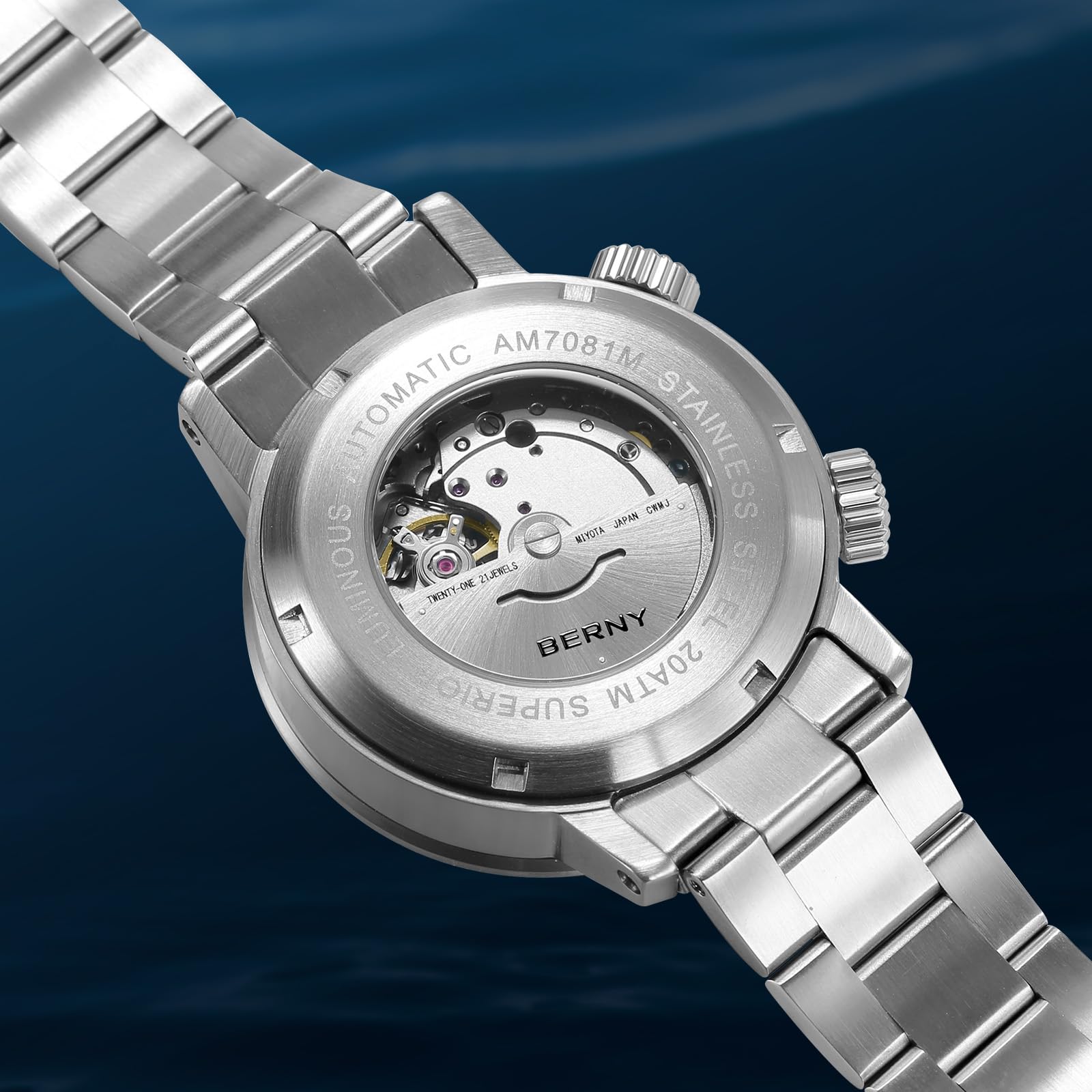 BERNY Automatic Mechanical Dive Watch for Men Self Winding Sport Stainless Steel Strap Wristwatches Waterproof 20ATM Sapphire Glass Scratch Resistant Super Luminous-No Battery Required - Image 3