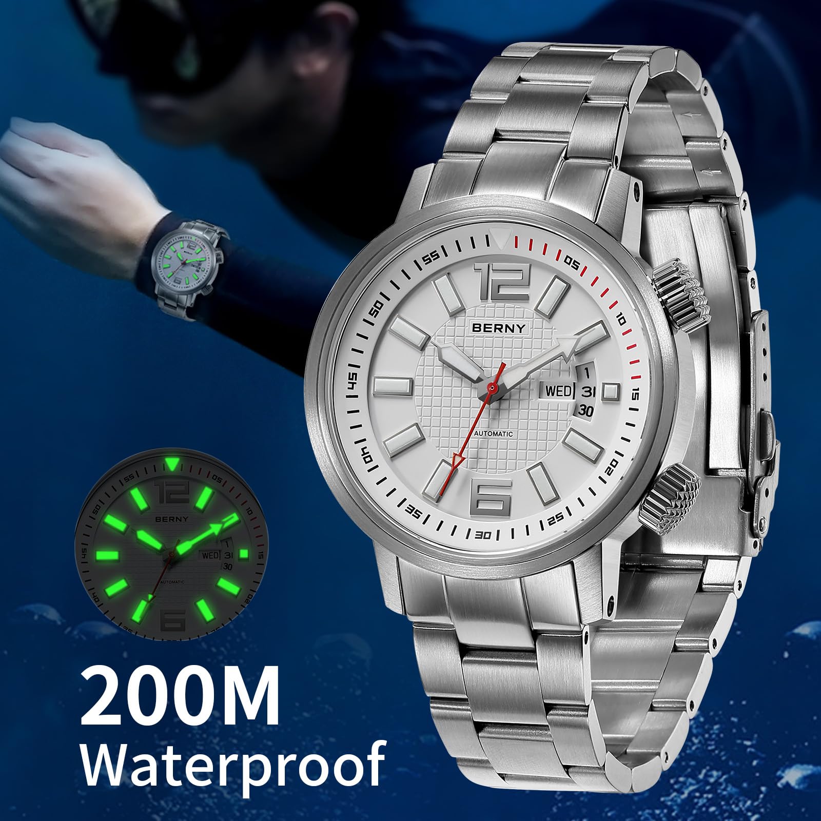 BERNY Automatic Mechanical Dive Watch for Men Self Winding Sport Stainless Steel Strap Wristwatches Waterproof 20ATM Sapphire Glass Scratch Resistant Super Luminous-No Battery Required - Image 5