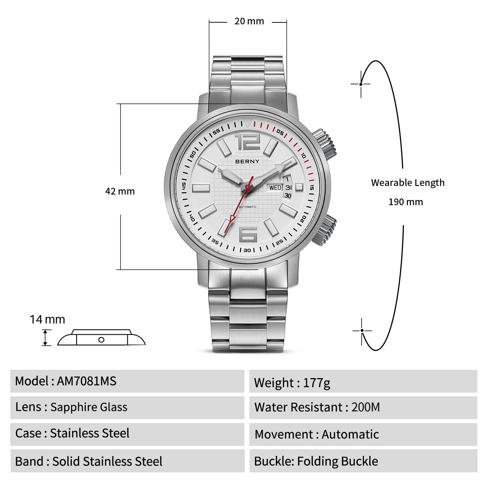 BERNY Automatic Mechanical Dive Watch for Men Self Winding Sport Stainless Steel Strap Wristwatches Waterproof 20ATM Sapphire Glass Scratch Resistant Super Luminous-No Battery Required - Image 6