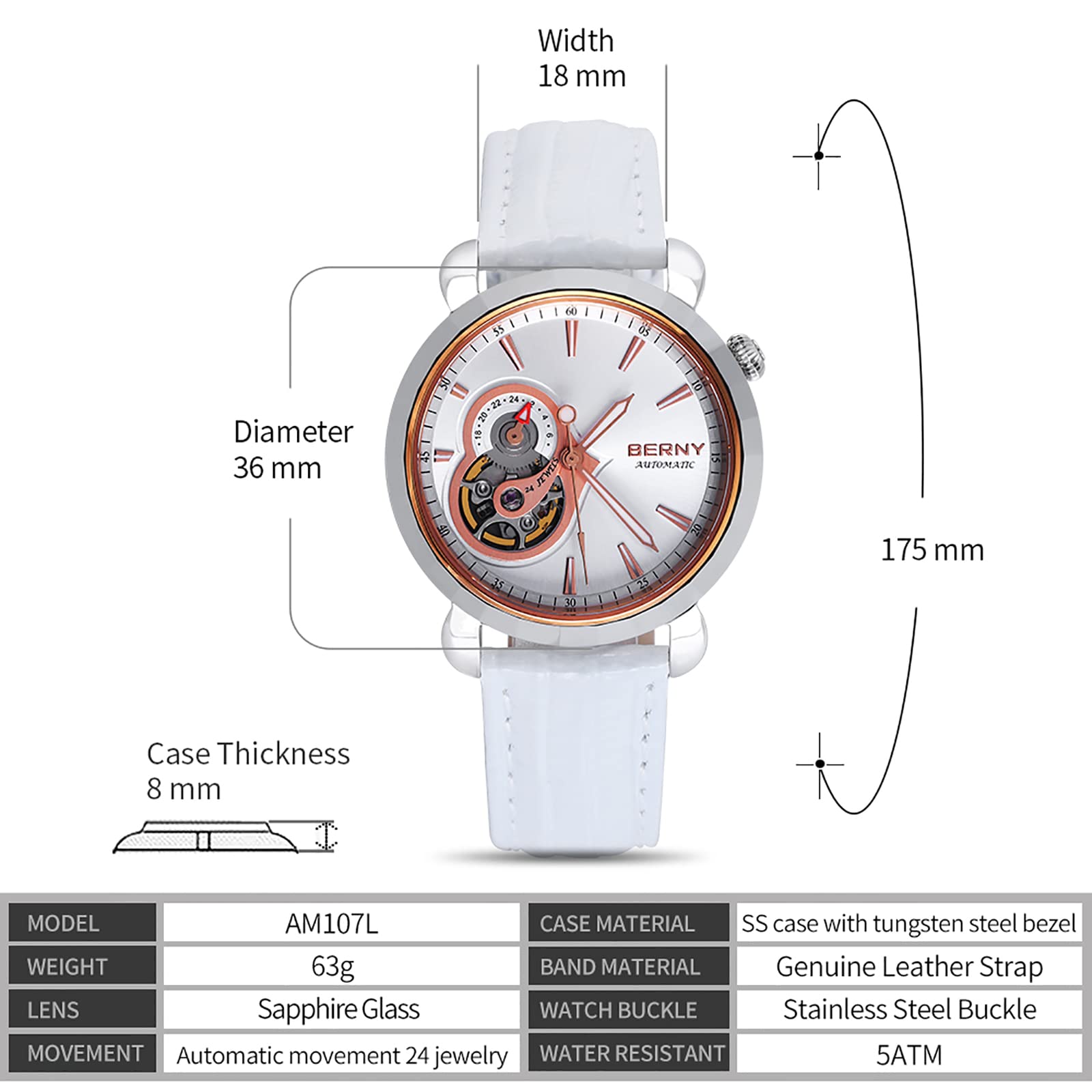 BERNY Automatic Watches for Women Skeleton Dress Watch Collection - Image 6