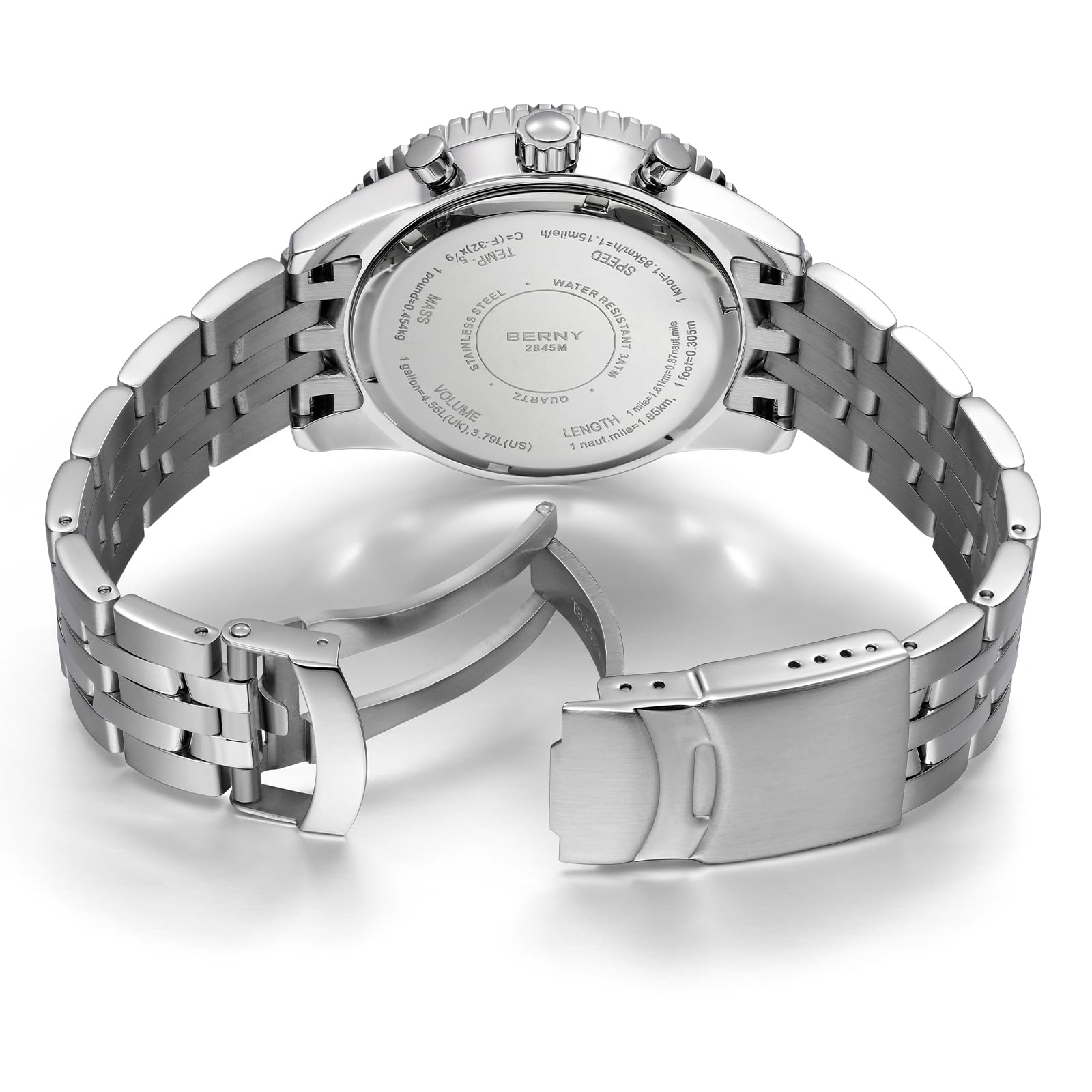 BERNY Chronograph Watch with Tachymeter Analog Quartz Watch for Men Sapphire Glass Men's Stopwatch for Sports All Stainless Steel Male Wristwatch with 3ATM Waterproof Date Calendar C3 Luminous - Image 3