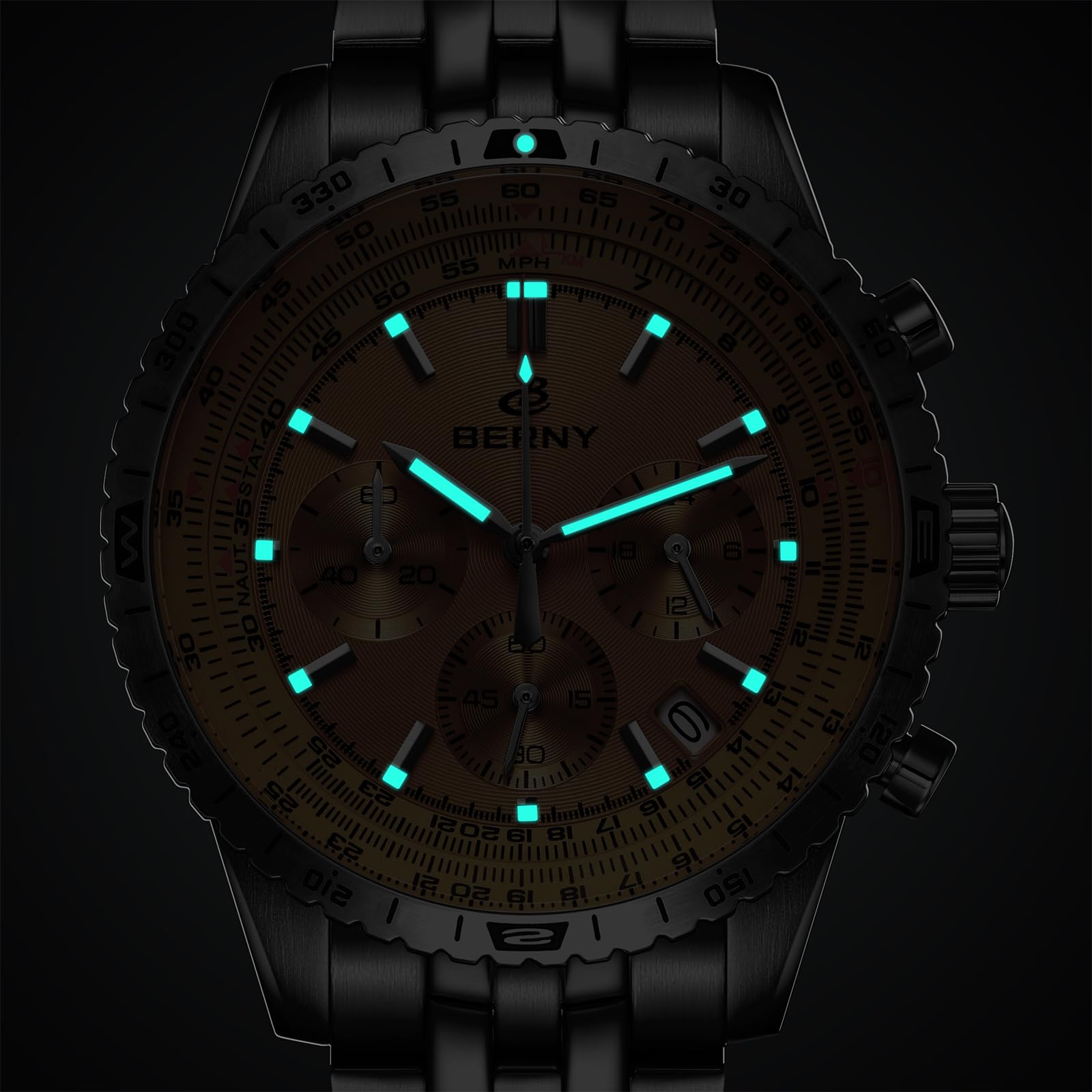 BERNY Chronograph Watch with Tachymeter Analog Quartz Watch for Men Sapphire Glass Men's Stopwatch for Sports All Stainless Steel Male Wristwatch with 3ATM Waterproof Date Calendar C3 Luminous - Image 4