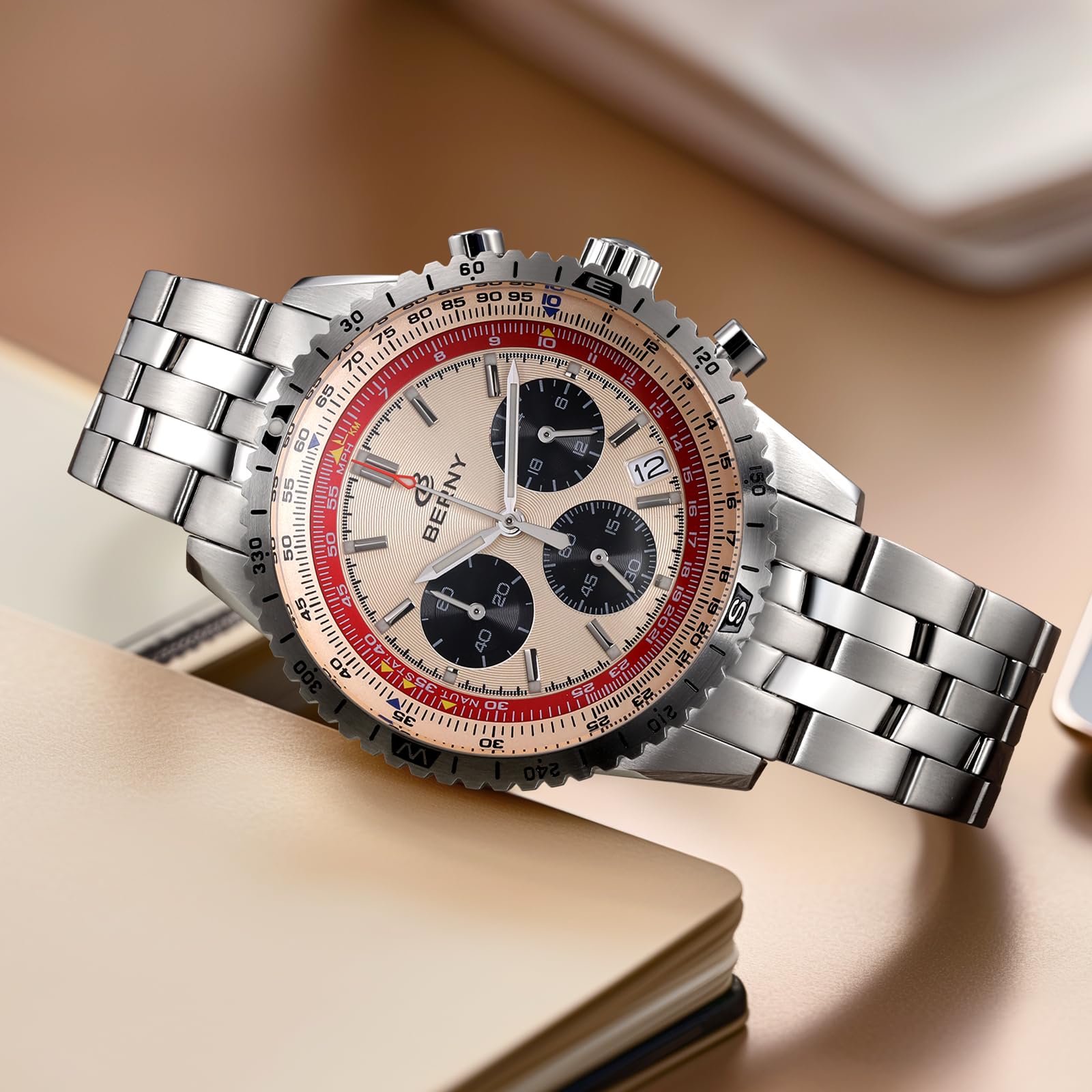 BERNY Chronograph Watch with Tachymeter Analog Quartz Watch for Men Sapphire Glass Men's Stopwatch for Sports All Stainless Steel Male Wristwatch with 3ATM Waterproof Date Calendar C3 Luminous - Image 5