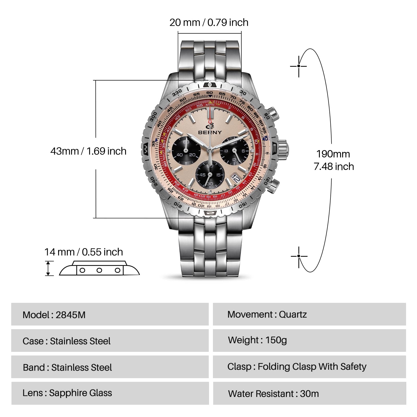 BERNY Chronograph Watch with Tachymeter Analog Quartz Watch for Men Sapphire Glass Men's Stopwatch for Sports All Stainless Steel Male Wristwatch with 3ATM Waterproof Date Calendar C3 Luminous - Image 6