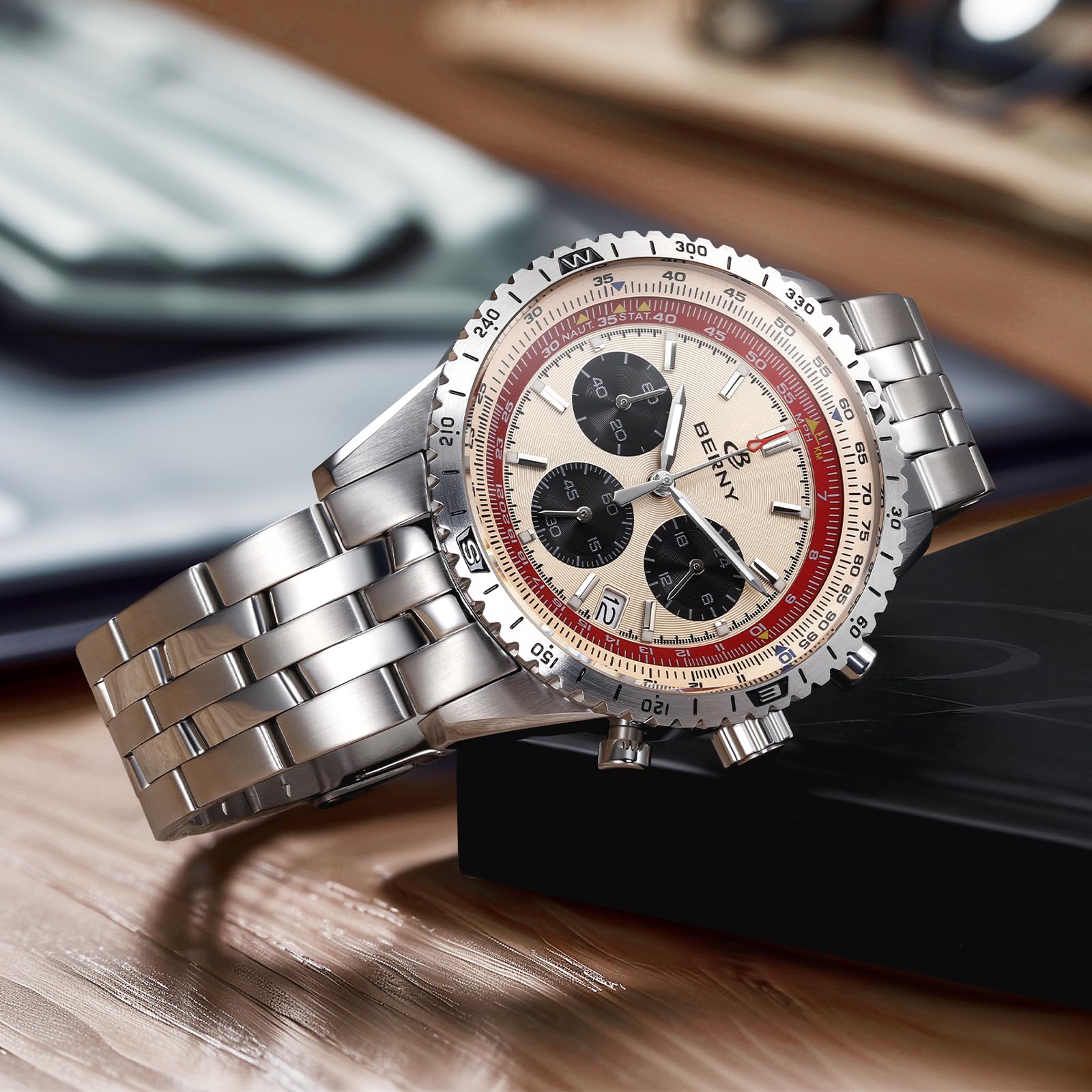 BERNY Chronograph Watch with Tachymeter Analog Quartz Watch for Men Sapphire Glass Men's Stopwatch for Sports All Stainless Steel Male Wristwatch with 3ATM Waterproof Date Calendar C3 Luminous - Image 7