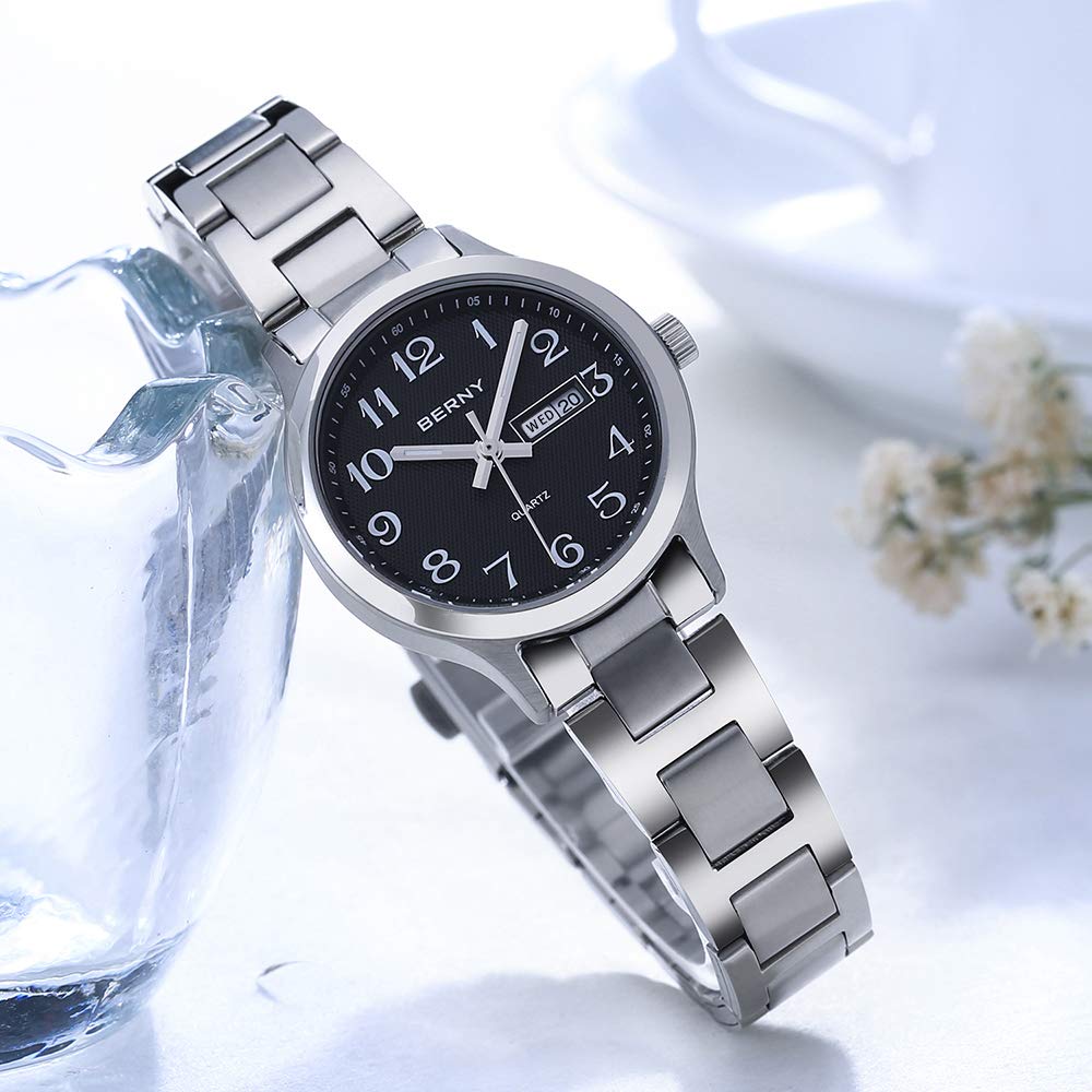 BERNY Day/Date Couple Watch for Men Women Stainless Steel Waterproof Wrist Watch - Image 3