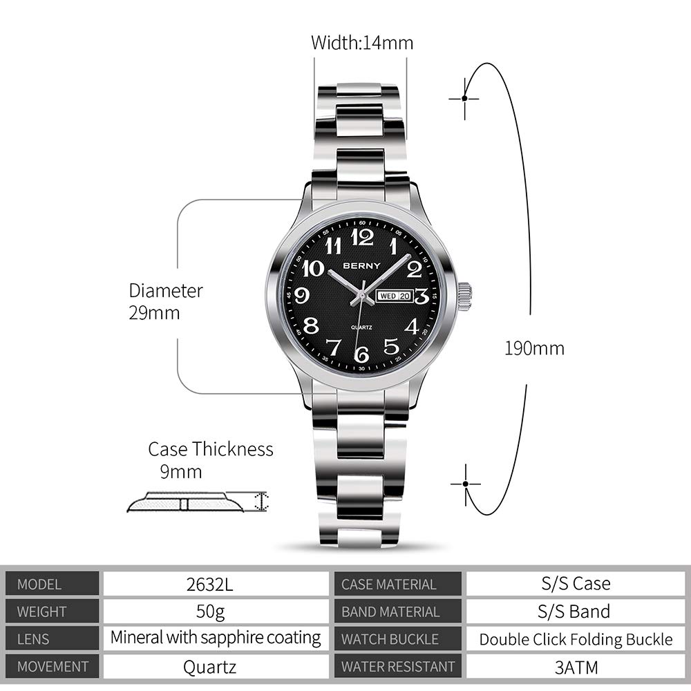 BERNY Day/Date Couple Watch for Men Women Stainless Steel Waterproof Wrist Watch - Image 6