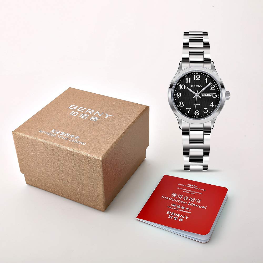 BERNY Day/Date Couple Watch for Men Women Stainless Steel Waterproof Wrist Watch - Image 7