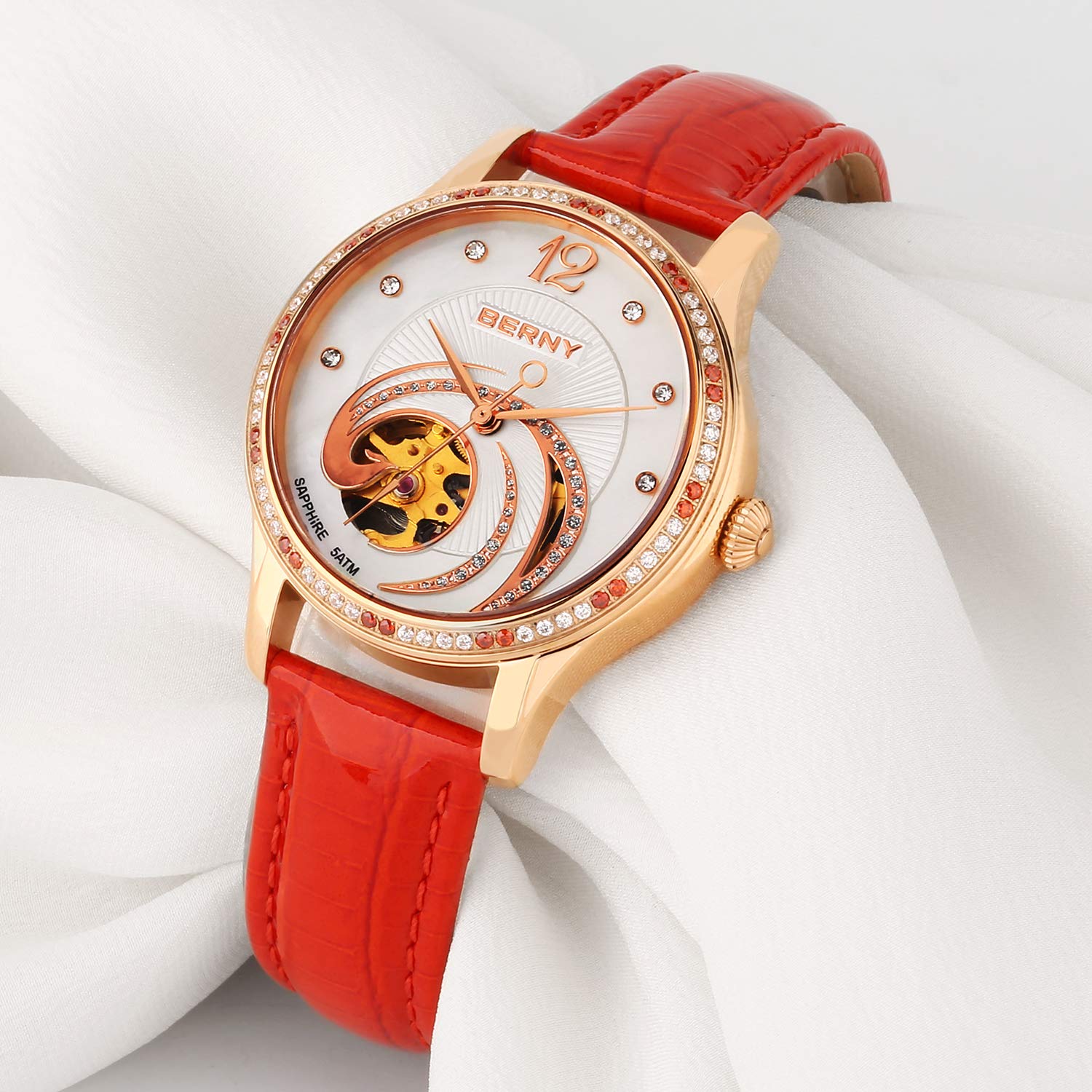 BERNY Fashion Automatic Women's Wrist Watch, Phoenix-Inspired, Stainless Steel Bezel with 18K Gold Overlay, Small Dial Watch for Women (Red) - Image 3