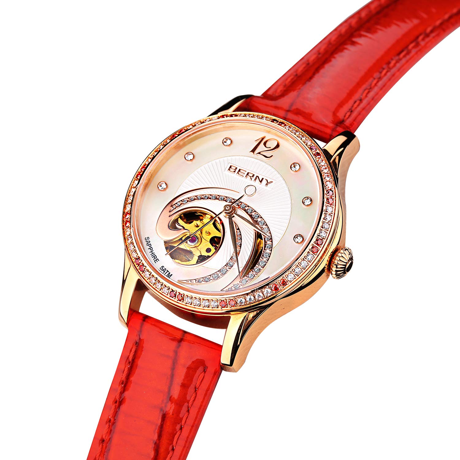 BERNY Fashion Automatic Women's Wrist Watch, Phoenix-Inspired, Stainless Steel Bezel with 18K Gold Overlay, Small Dial Watch for Women (Red) - Image 4