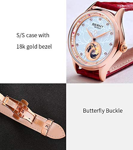 BERNY Fashion Automatic Women's Wrist Watch, Phoenix-Inspired, Stainless Steel Bezel with 18K Gold Overlay, Small Dial Watch for Women (Red) - Image 5