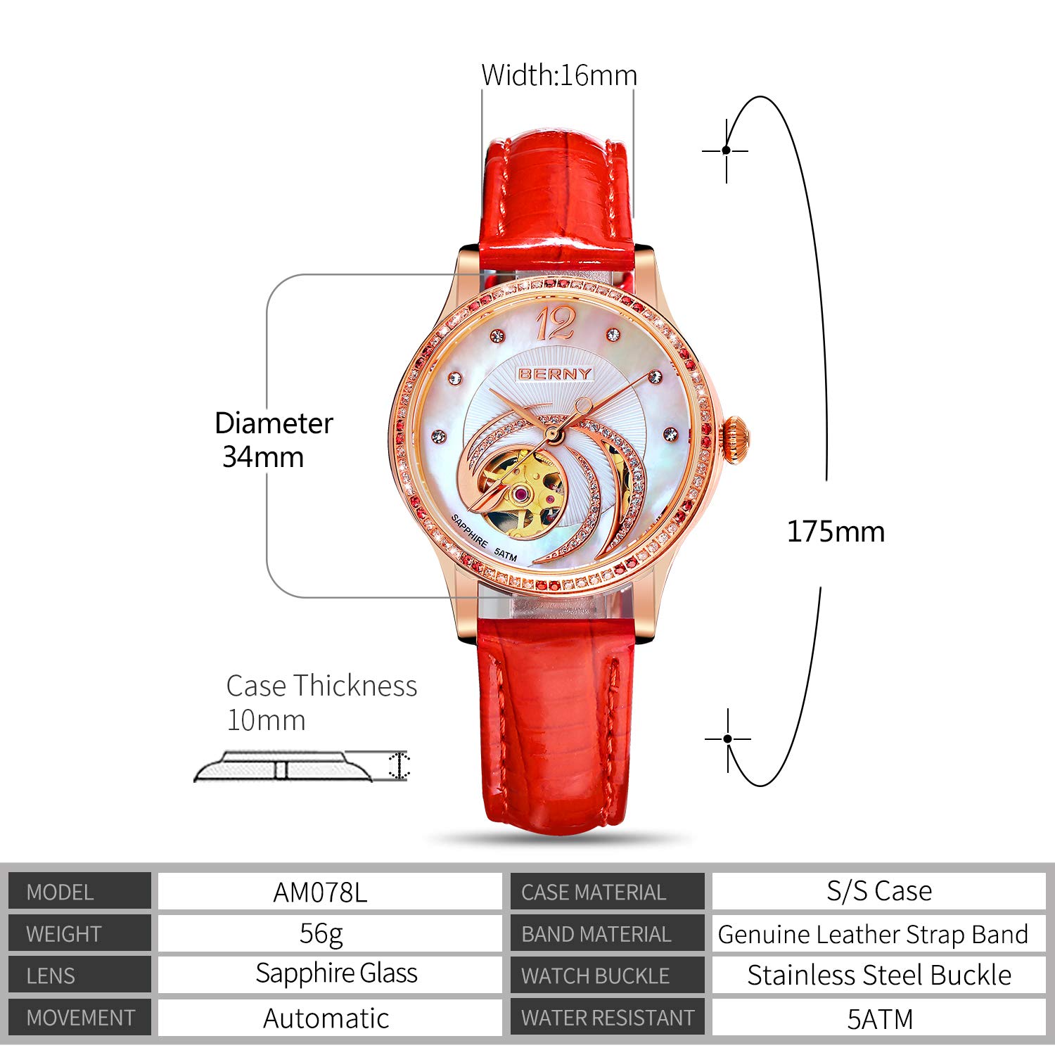 BERNY Fashion Automatic Women's Wrist Watch, Phoenix-Inspired, Stainless Steel Bezel with 18K Gold Overlay, Small Dial Watch for Women (Red) - Image 6