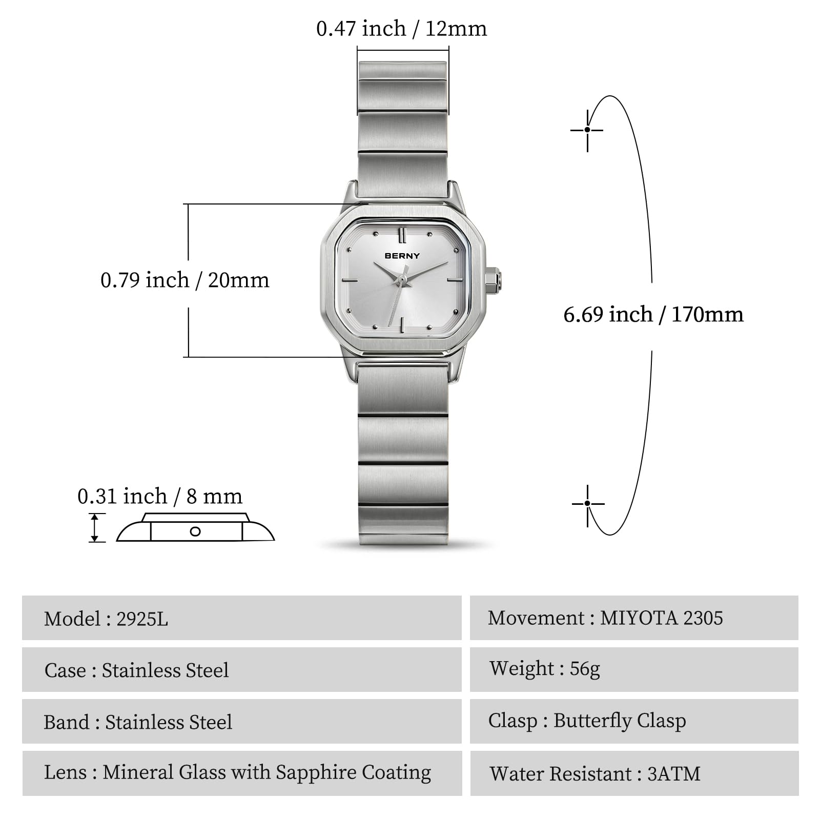 BERNY Gold Watches for Women Dainty Ladies Square Quartz Watch Japanese Quartz Movement 3ATM Waterproof Fashion Small Female Wrist Watch Luxury Birthday Gifts for Lady - Image 5