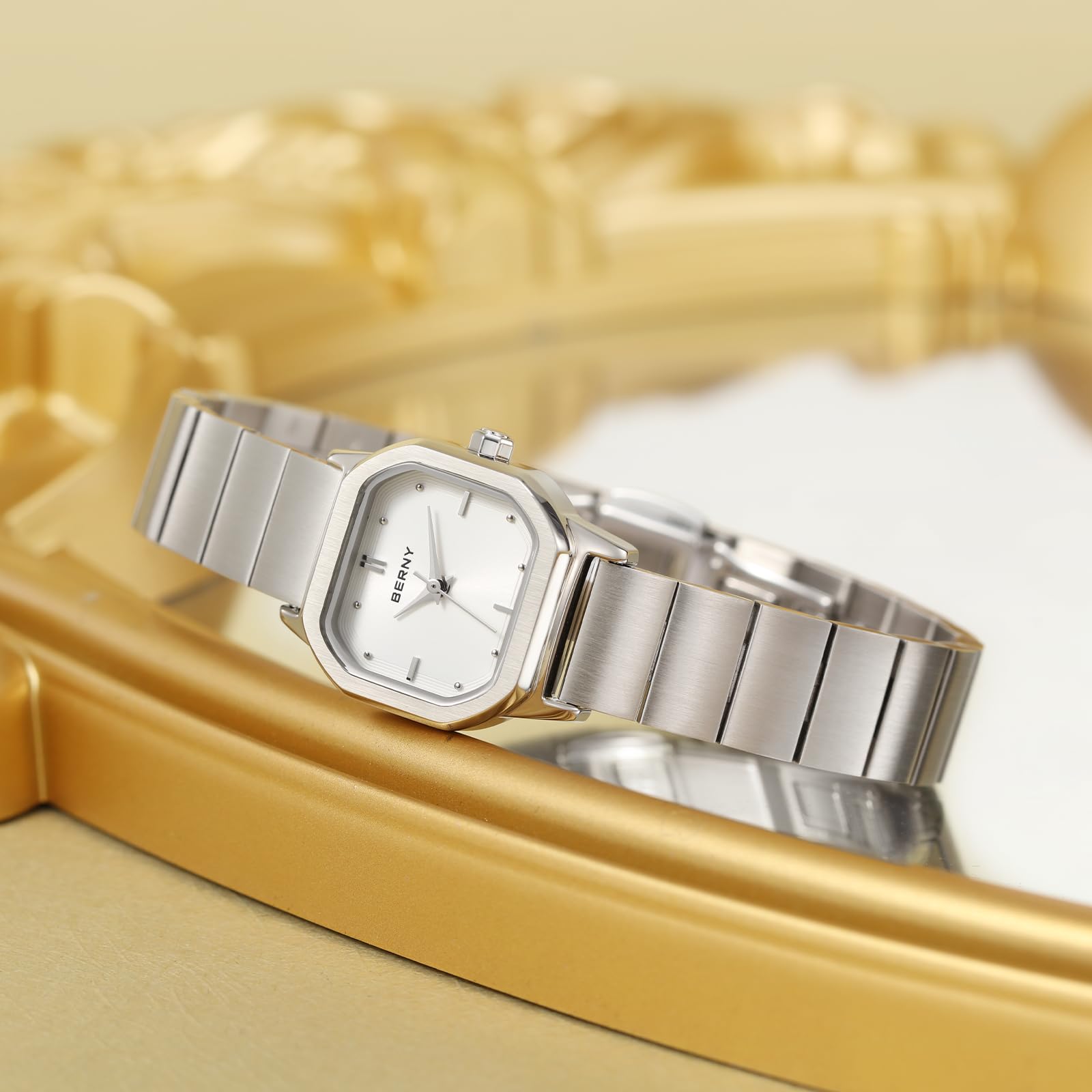 BERNY Gold Watches for Women Dainty Ladies Square Quartz Watch Japanese Quartz Movement 3ATM Waterproof Fashion Small Female Wrist Watch Luxury Birthday Gifts for Lady - Image 6