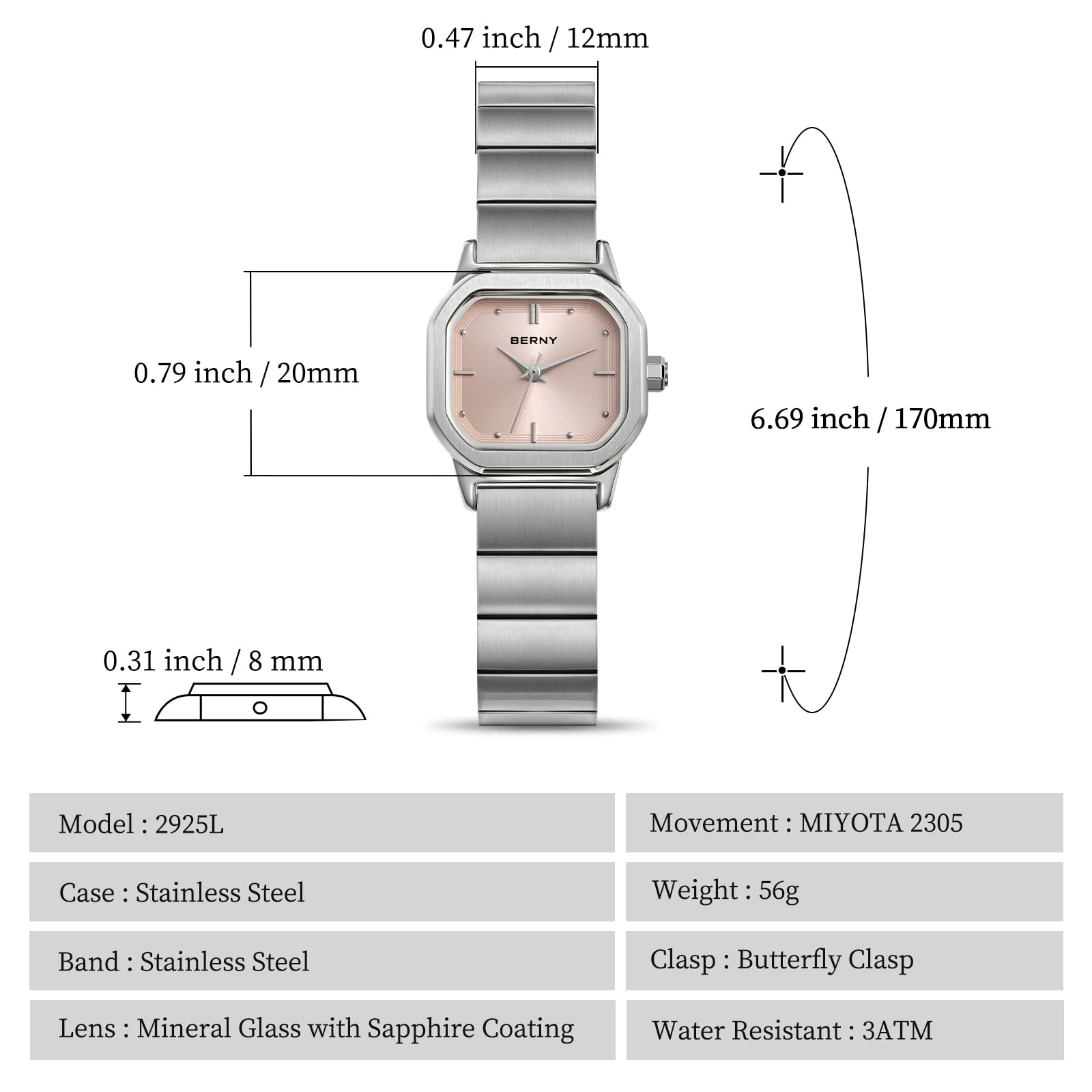 BERNY Gold Watches for Women Dainty Ladies Square Quartz Watch Japanese Quartz Movement 3ATM Waterproof Fashion Small Female Wrist Watch Luxury Birthday Gifts for Lady - Image 6