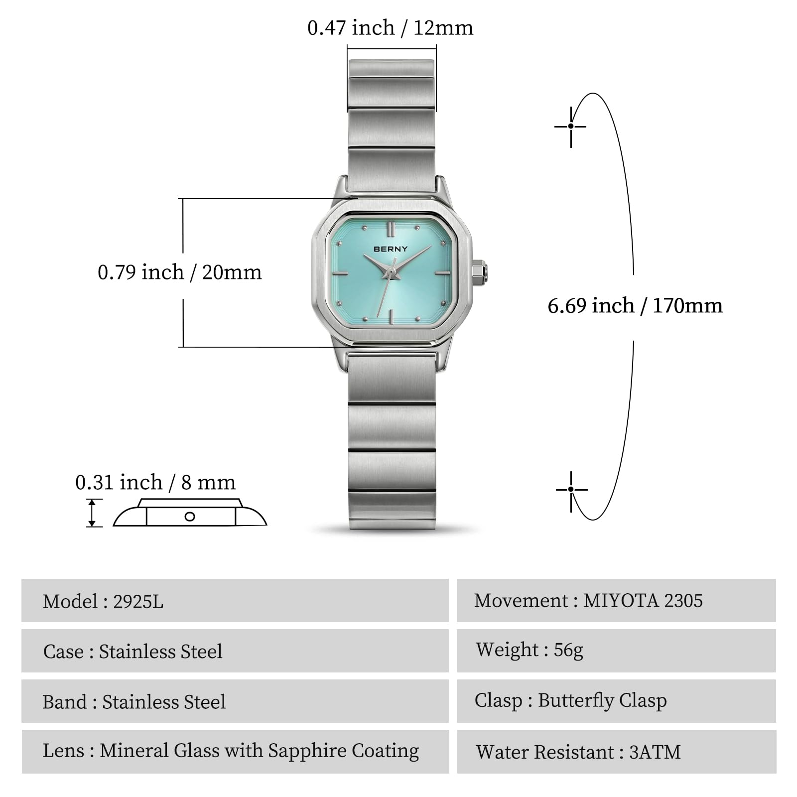 BERNY Gold Watches for Women Dainty Ladies Square Quartz Watch Japanese Quartz Movement 3ATM Waterproof Fashion Small Female Wrist Watch Luxury Birthday Gifts for Lady - Image 6