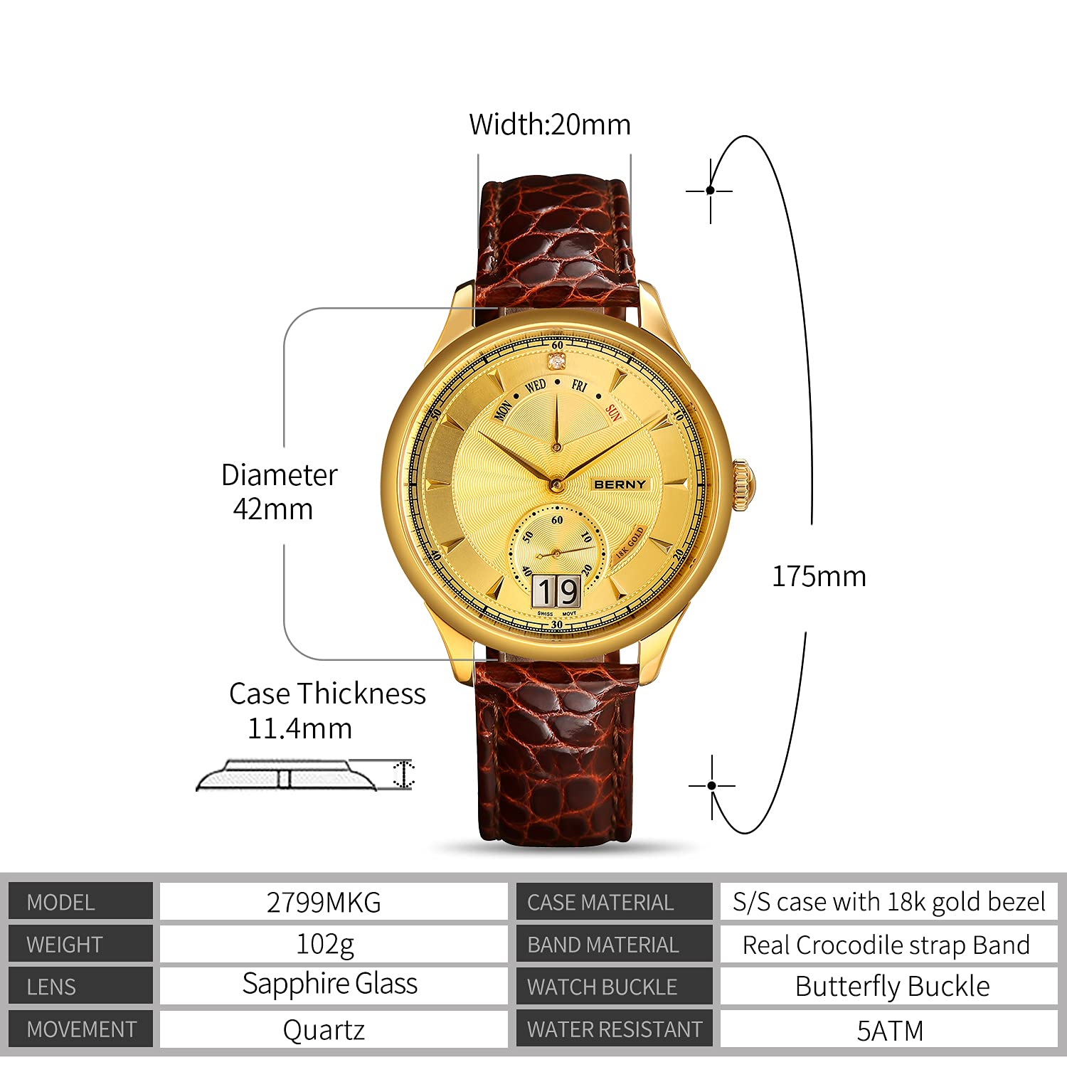 BERNY Luxury Stainless Steel Bezel with 18K Gold Overlay Mens Watch Quartz Watch - Image 6