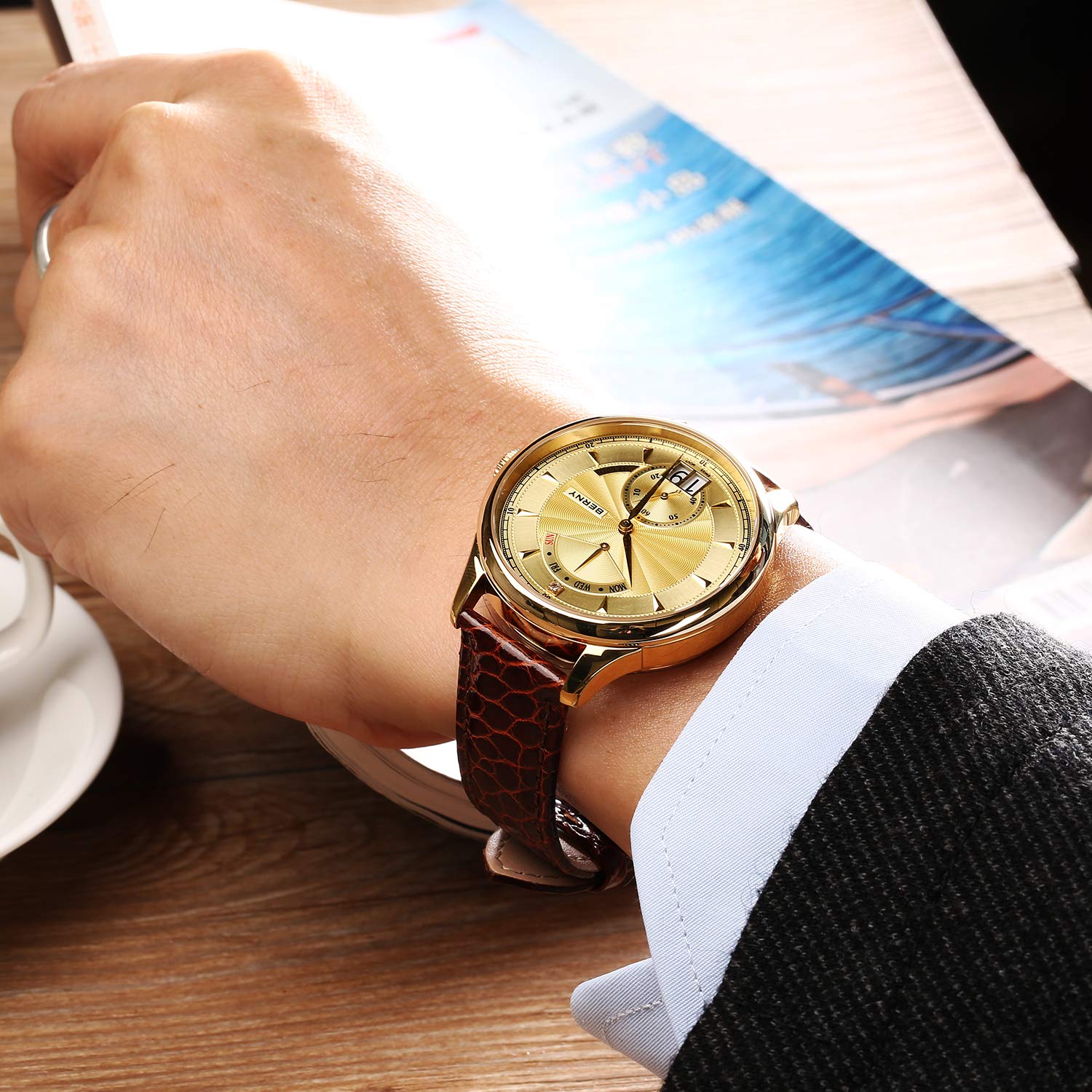 BERNY Luxury Stainless Steel Bezel with 18K Gold Overlay Mens Watch Quartz Watch - Image 7