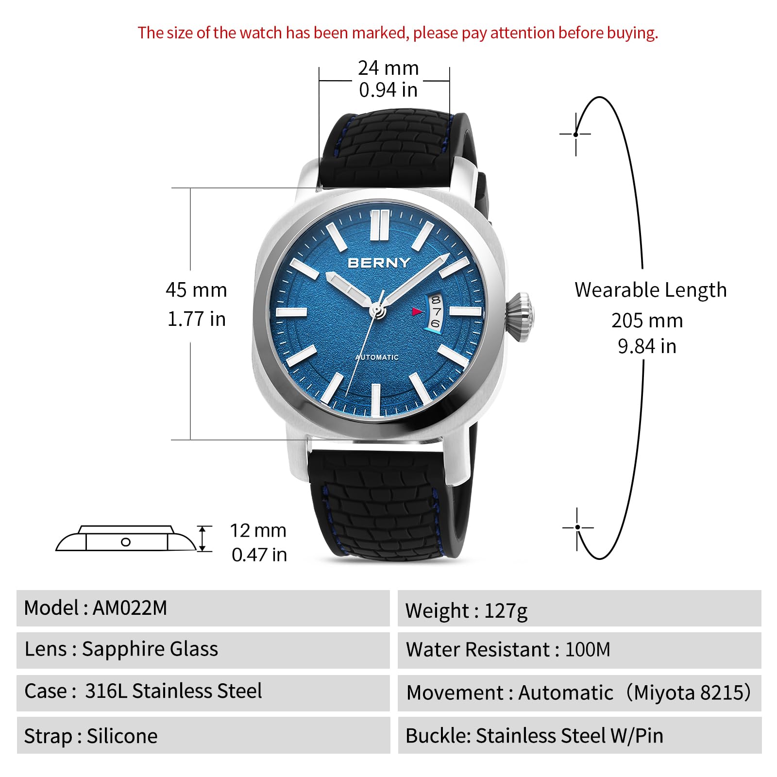 BERNY Men's Japanese Automatic Mechanical Watch, Self Winding Watches, Water Proof 10ATM, Sapphire Glass Scratch Resistant, Super Luminous with Date(No Battery Required) - Image 6