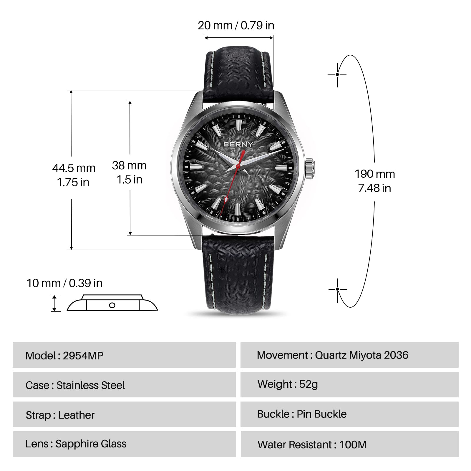 BERNY Men's Quartz Watch - Volcanic-Inspired Design, Japanese Movement, 10ATM Waterproof Dress Wristwatch, AR Coating Sapphire Crystal Super Luminous - Image 6