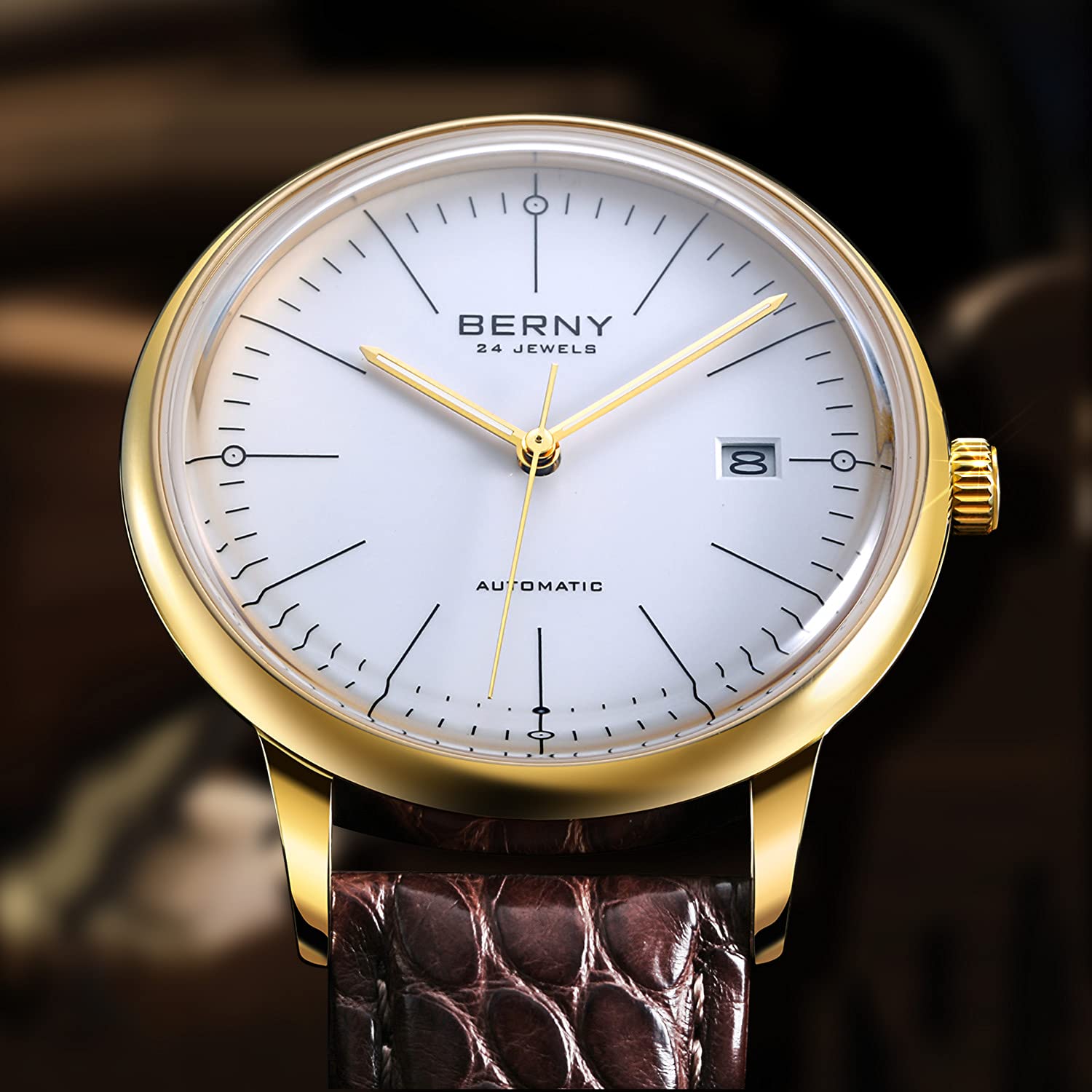 BERNY Men's Wrist Watches Ultra Thin Movement Automatic Minimalist Watch Crocodile Leather Strap Stainless Steel Bezel with 18K Gold Overlay Watches for Men - Image 3
