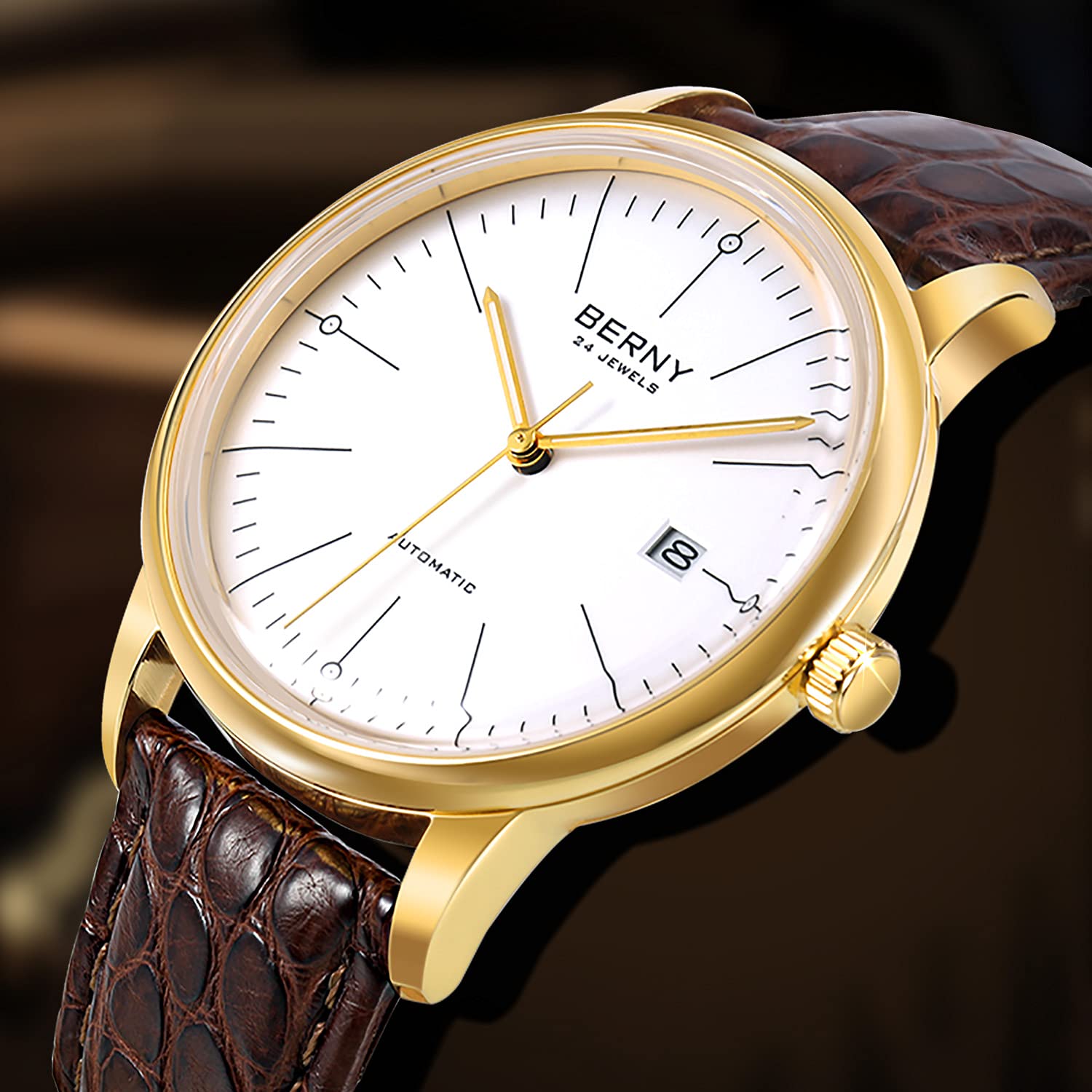 BERNY Men's Wrist Watches Ultra Thin Movement Automatic Minimalist Watch Crocodile Leather Strap Stainless Steel Bezel with 18K Gold Overlay Watches for Men - Image 4