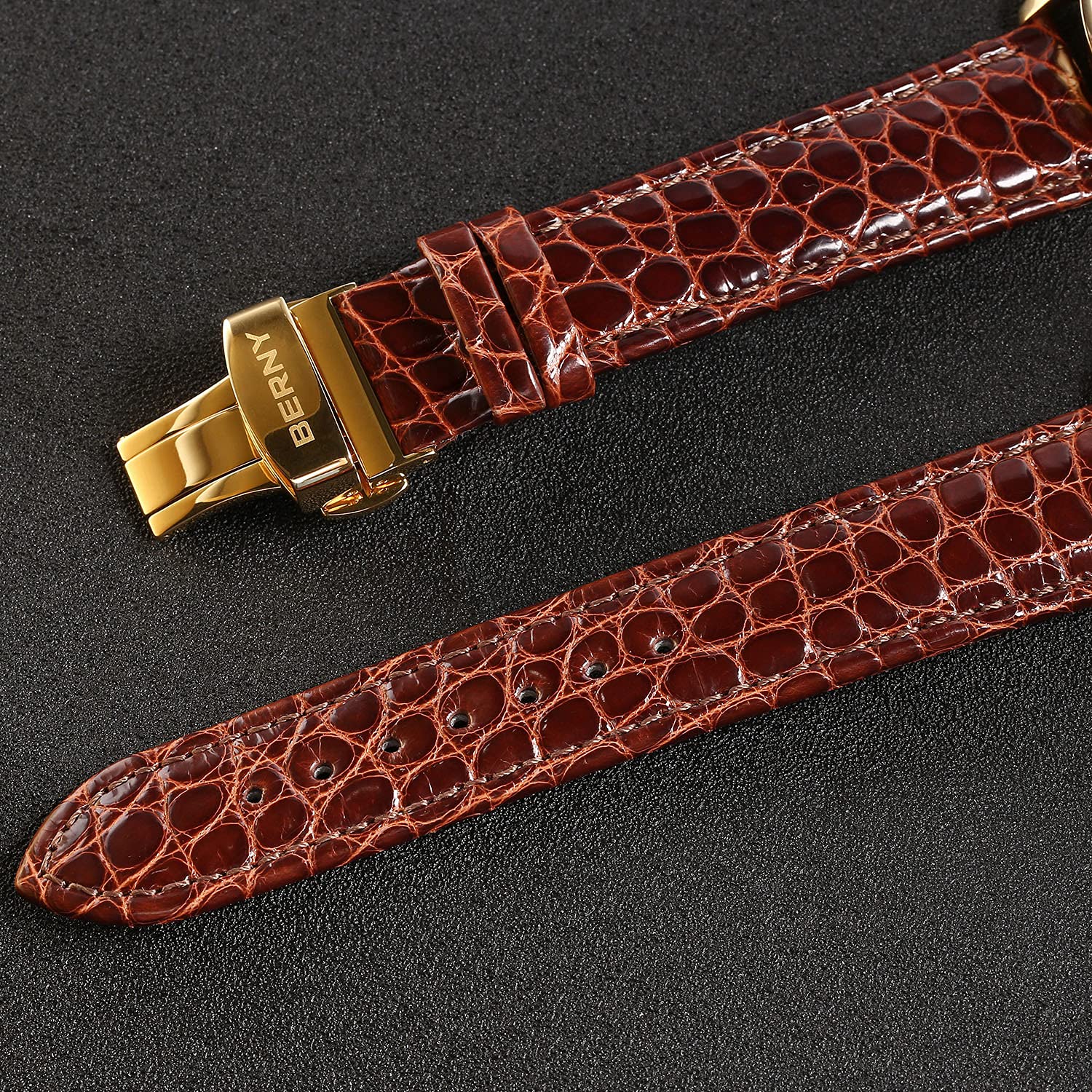 BERNY Men's Wrist Watches Ultra Thin Movement Automatic Minimalist Watch Crocodile Leather Strap Stainless Steel Bezel with 18K Gold Overlay Watches for Men - Image 5