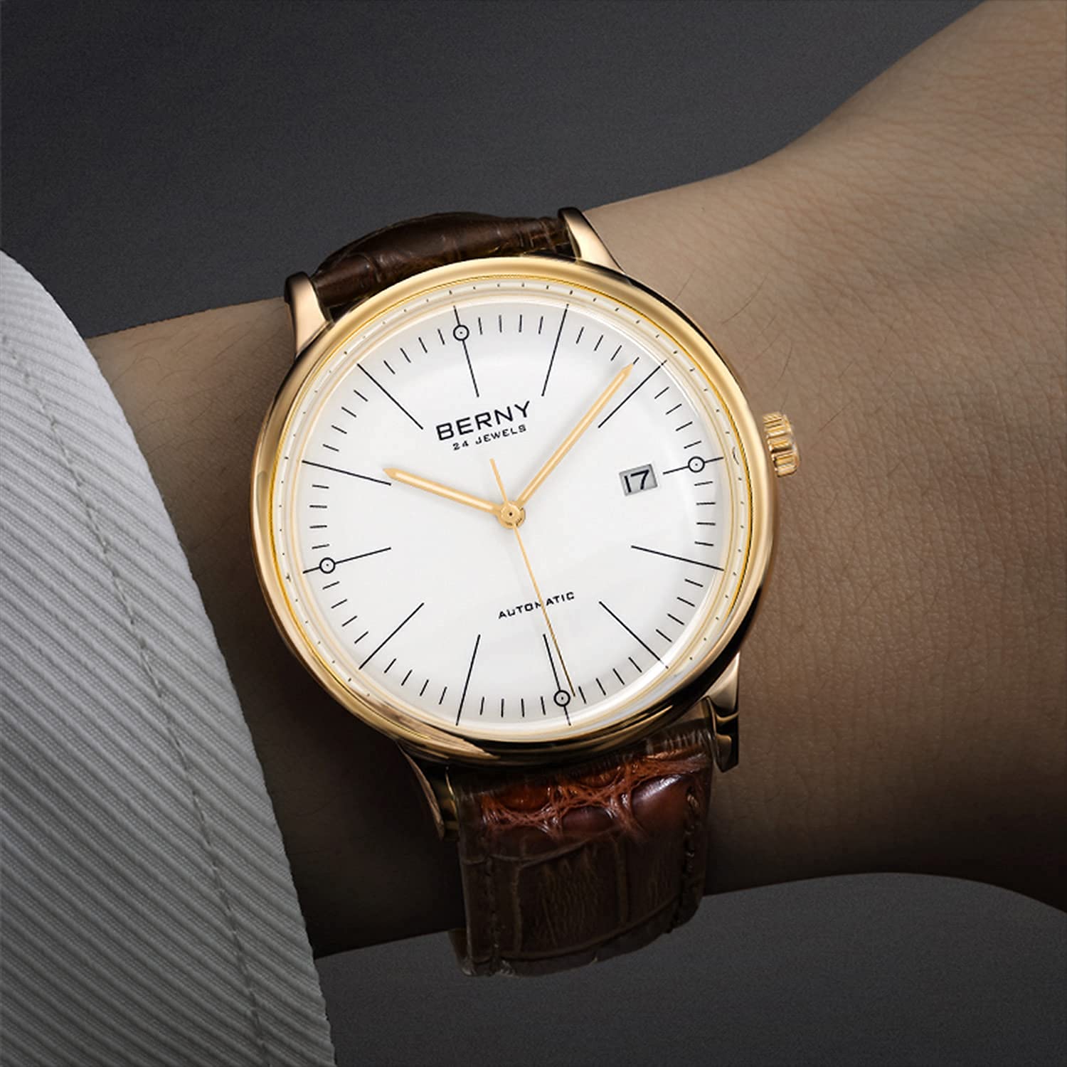 BERNY Men's Wrist Watches Ultra Thin Movement Automatic Minimalist Watch Crocodile Leather Strap Stainless Steel Bezel with 18K Gold Overlay Watches for Men - Image 6