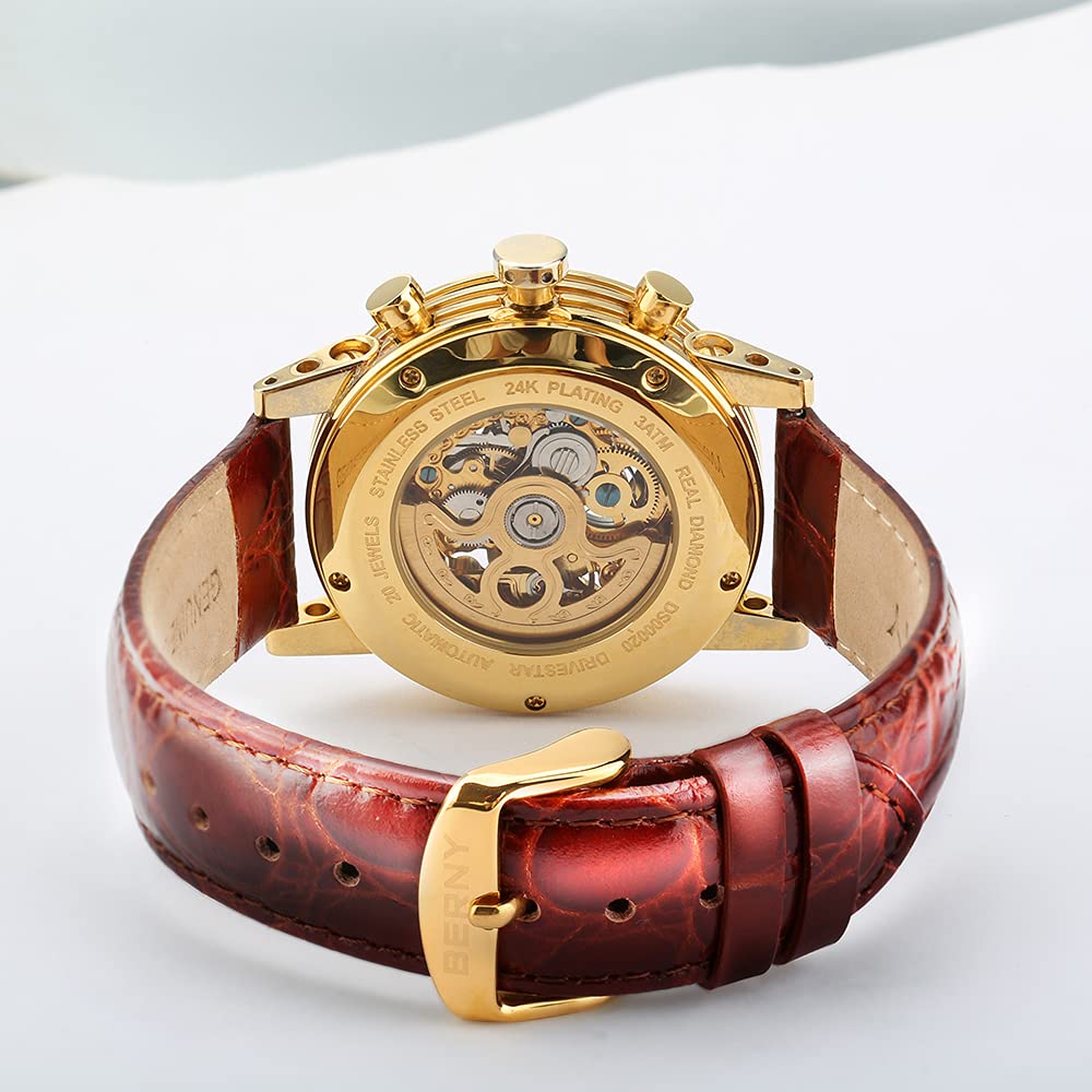 BERNY Mens Watch,Automatic Skeleton Watches for Men,Real Diamond Dial Multi-Function Waterproof Men's Wrist Watches Genuine Leather Strap - Image 3