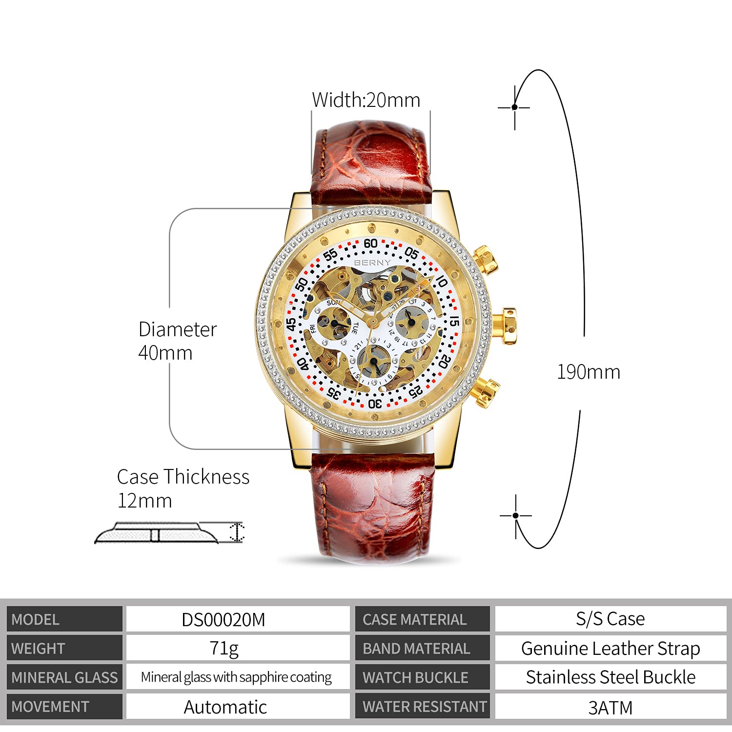 BERNY Mens Watch,Automatic Skeleton Watches for Men,Real Diamond Dial Multi-Function Waterproof Men's Wrist Watches Genuine Leather Strap - Image 4