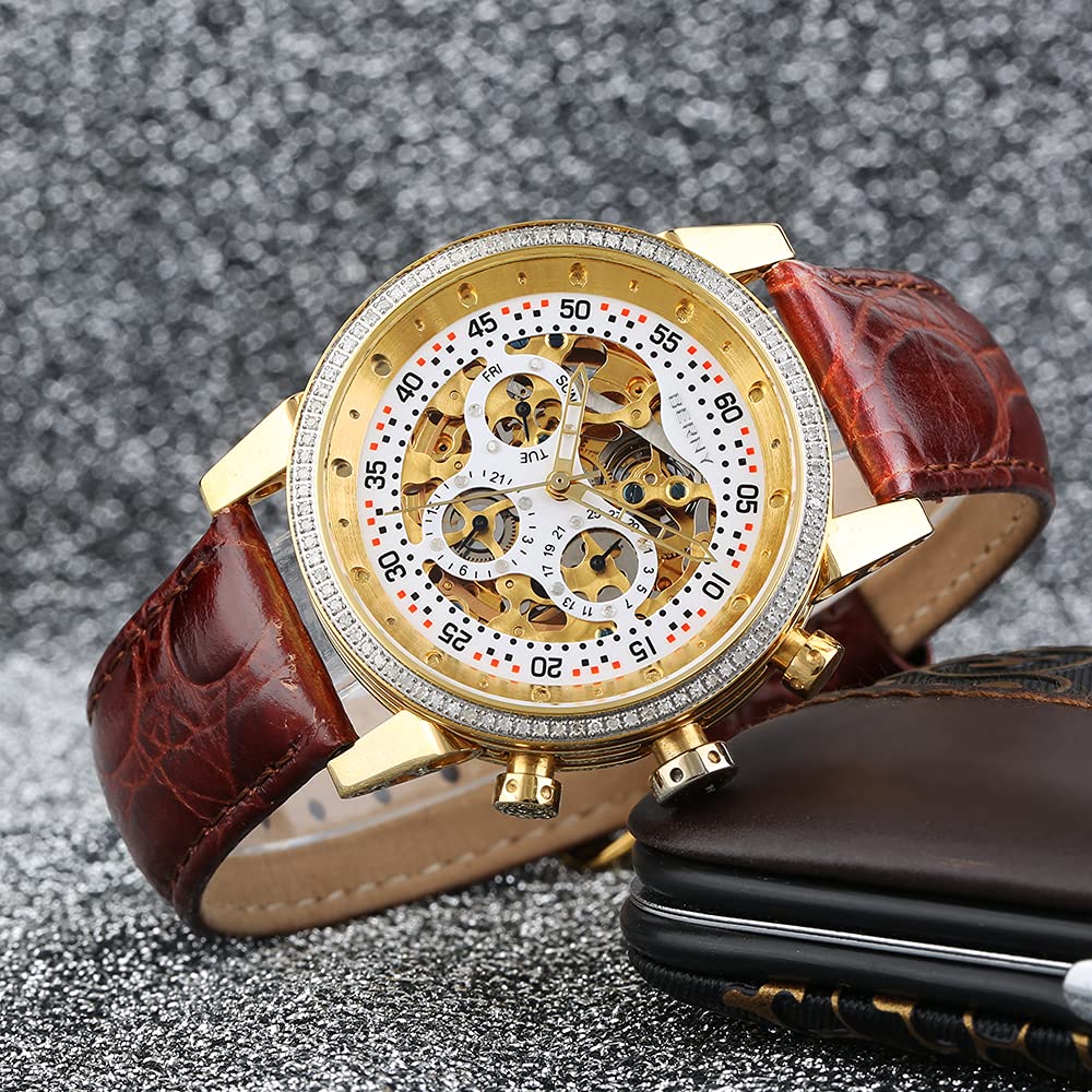BERNY Mens Watch,Automatic Skeleton Watches for Men,Real Diamond Dial Multi-Function Waterproof Men's Wrist Watches Genuine Leather Strap - Image 5