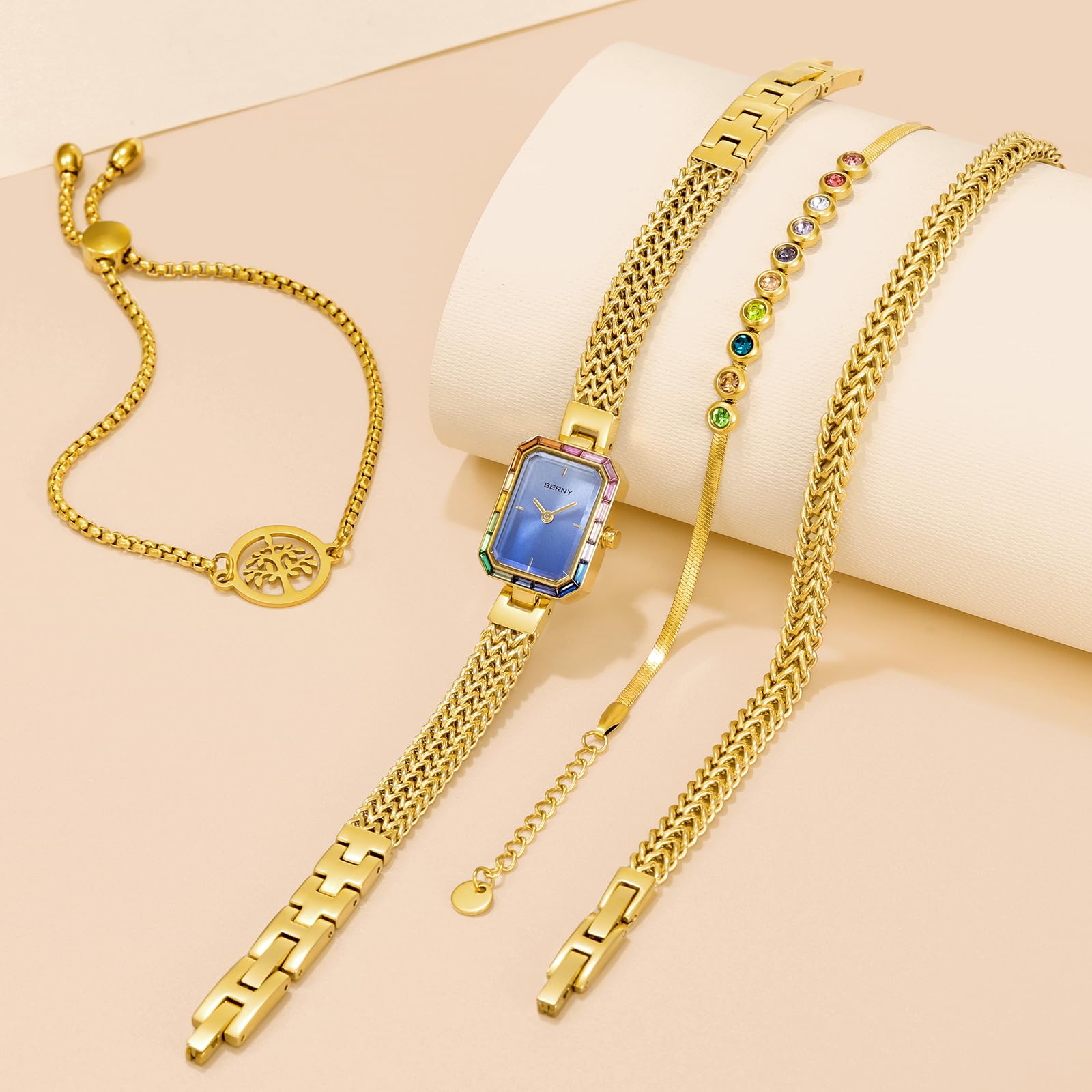 BERNY Silver Watches for Women Dainty Quartz Bracelet Watch Ladies Wrist Watch and Bracelet Set Coloured Stones Accented Fashion Luxury Birthday Gifts for Women - Image 6