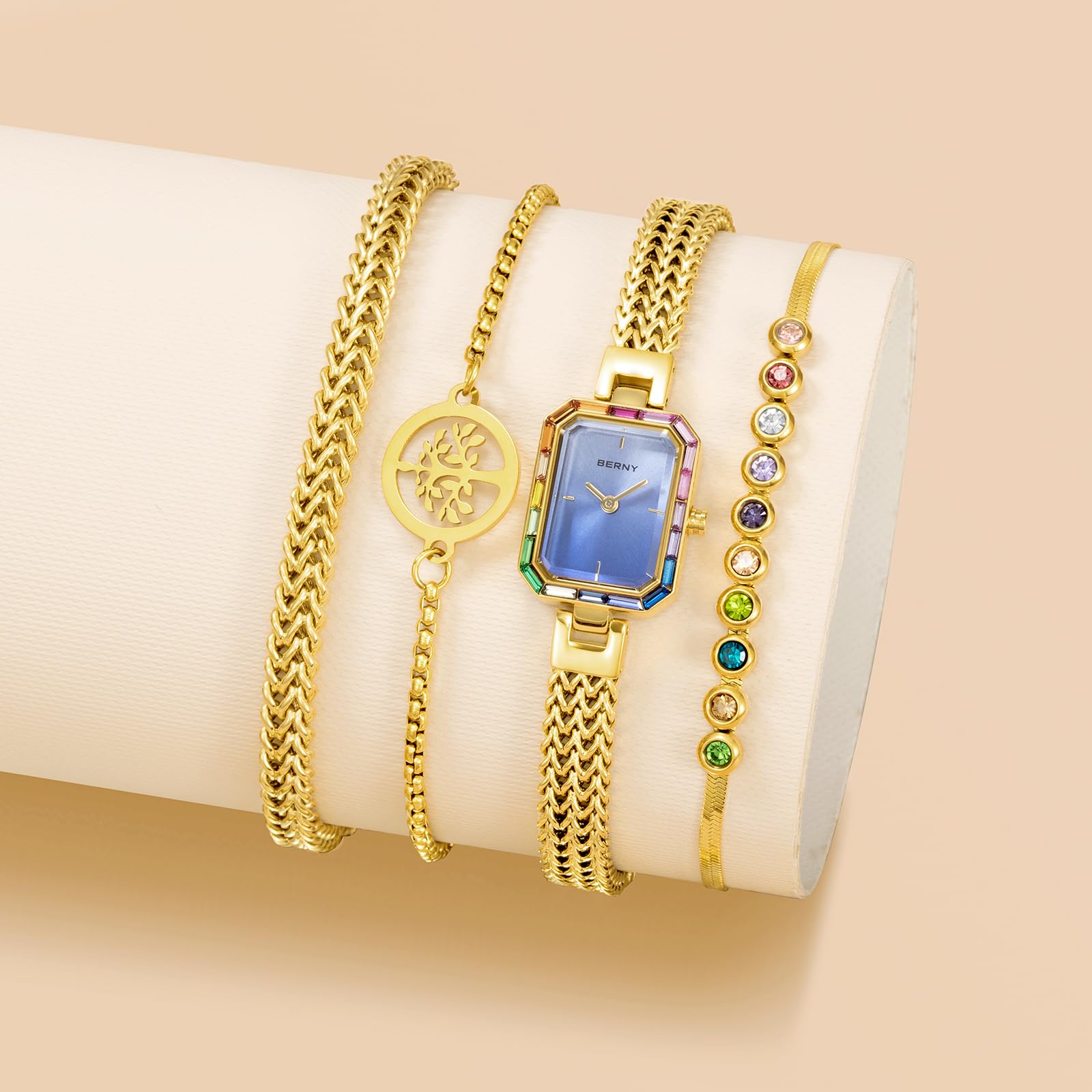 BERNY Silver Watches for Women Dainty Quartz Bracelet Watch Ladies Wrist Watch and Bracelet Set Coloured Stones Accented Fashion Luxury Birthday Gifts for Women - Image 7