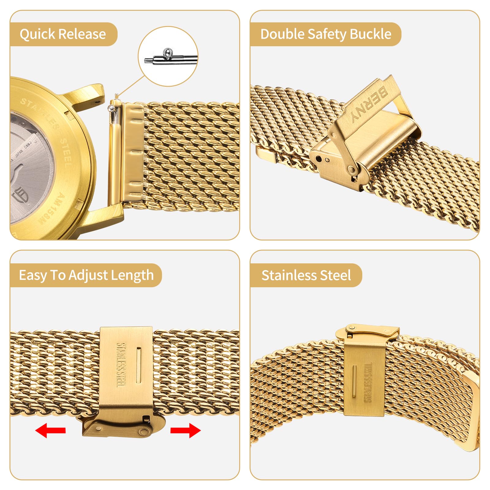 BERNY Stainless Steel Mesh Watch Band for Men Women, Quick Release Adjustable Milanese Watch Straps, Solid Metal Watch Bracelet with Double Safety Clasp Gold Blue - Image 3