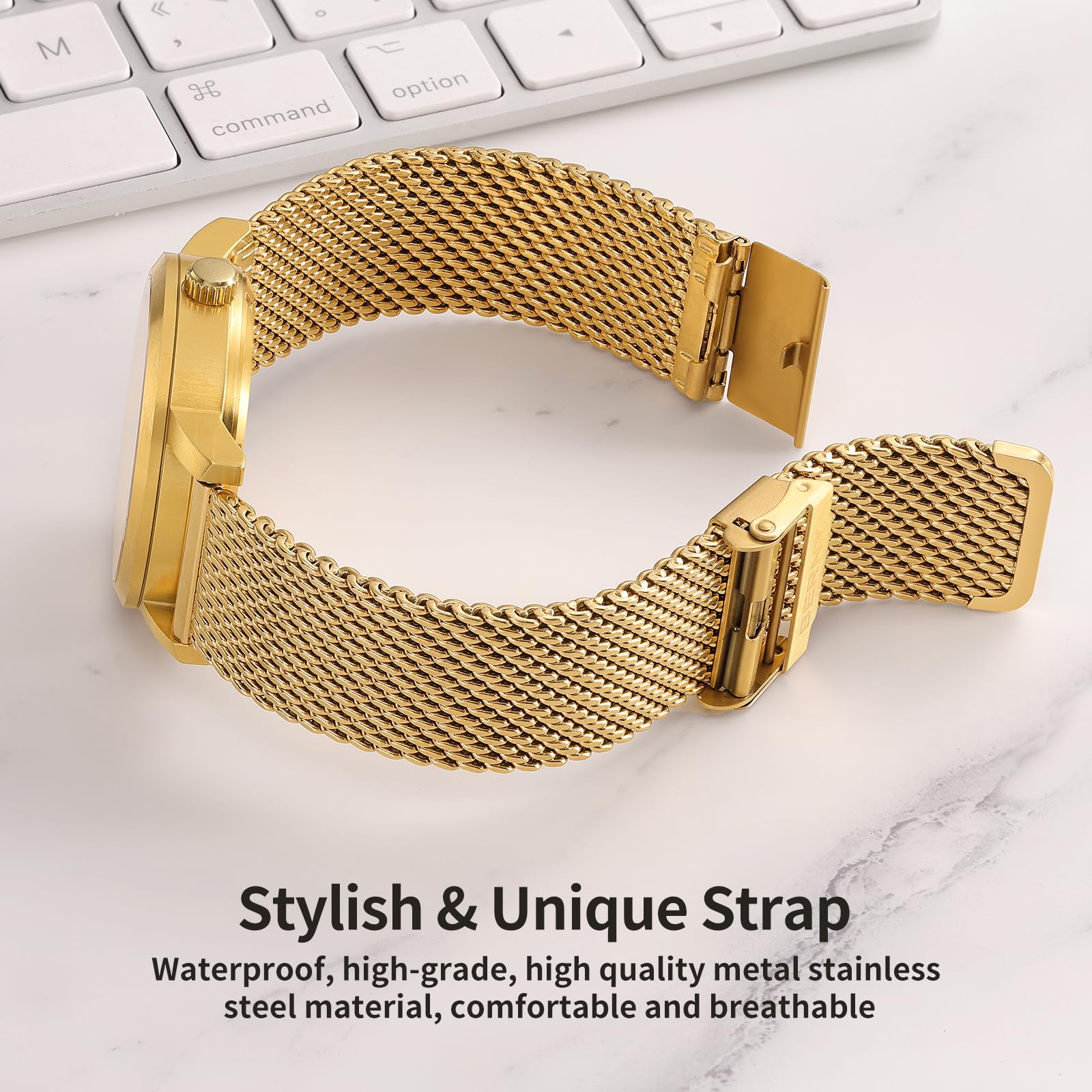 BERNY Stainless Steel Mesh Watch Band for Men Women, Quick Release Adjustable Milanese Watch Straps, Solid Metal Watch Bracelet with Double Safety Clasp Gold Blue - Image 7