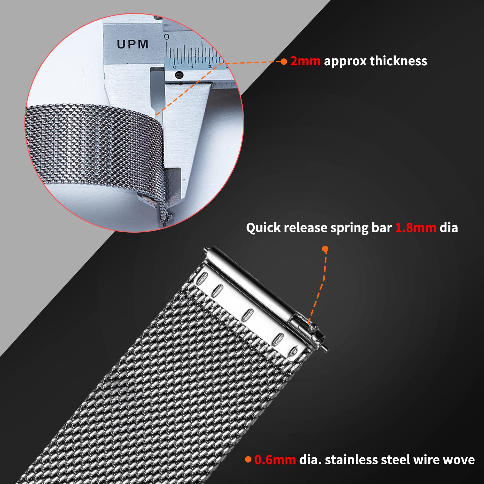 BERNY Stainless Steel Mesh Watch Band for Mens Women Quick Release Adjustable Watch Straps Thin Metal Bracelet with Safty Clasp 18mm 20mm 22mm, Silver/Black/Rose Gold - Image 3