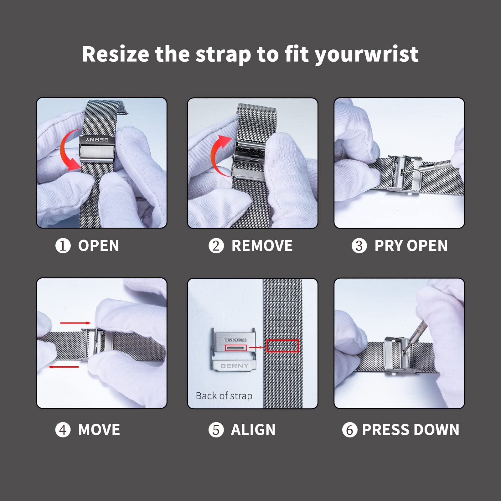 BERNY Stainless Steel Mesh Watch Band for Mens Women Quick Release Adjustable Watch Straps Thin Metal Bracelet with Safty Clasp 18mm 20mm 22mm, Silver/Black/Rose Gold - Image 6