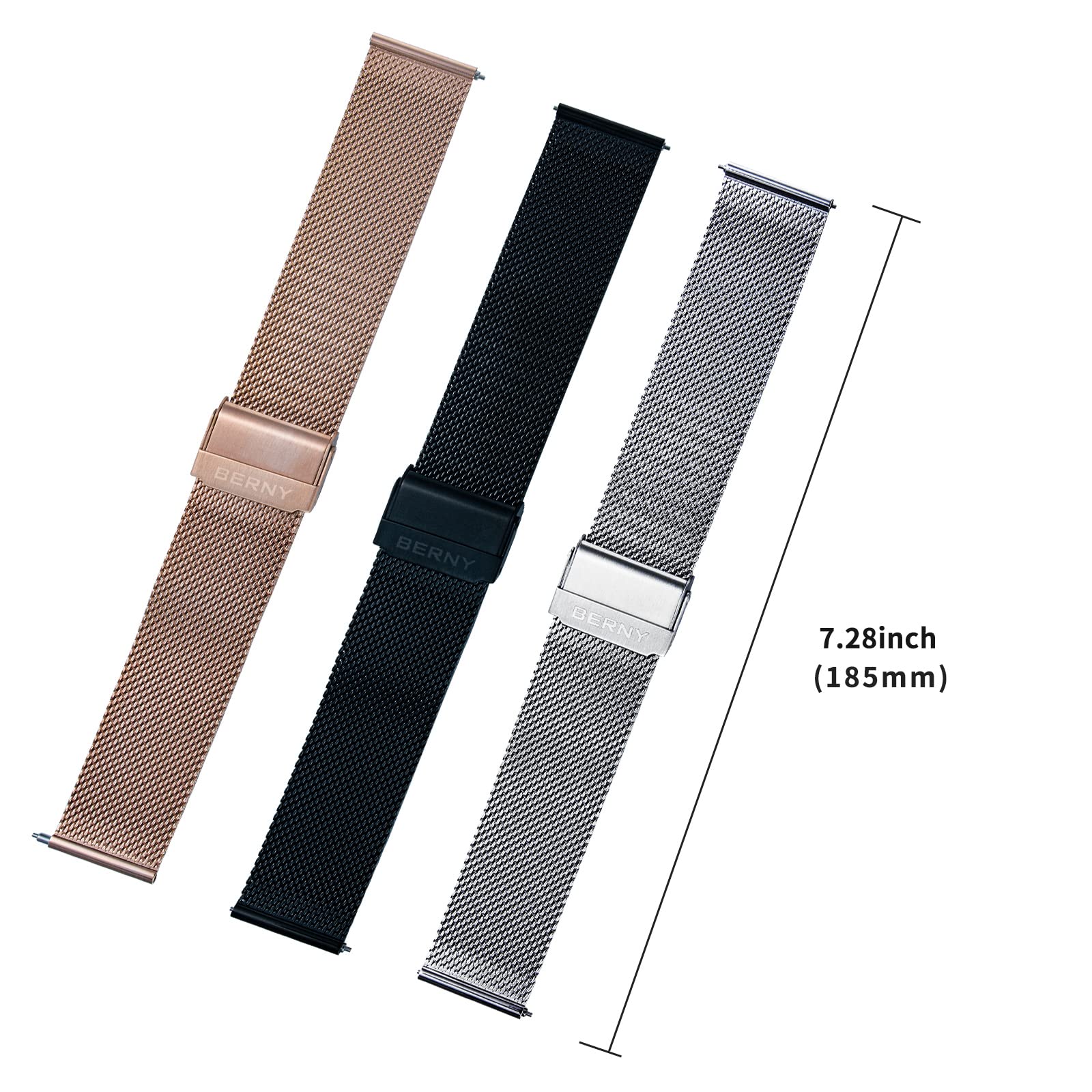 BERNY Stainless Steel Mesh Watch Band for Mens Women Quick Release Adjustable Watch Straps Thin Metal Bracelet with Safty Clasp 18mm 20mm 22mm, Silver/Black/Rose Gold - Image 7