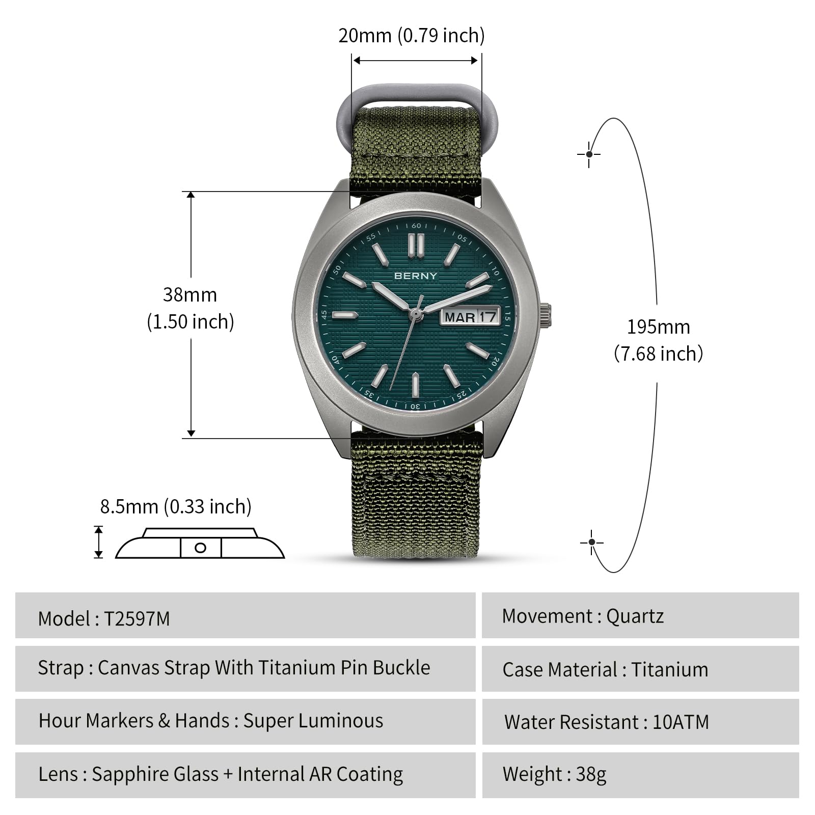 BERNY Titanium Watch for Men Japanese Quartz Movement Analog Quartz Watches Super Luminous Sapphire Glass 10ATM Waterproof - Image 6