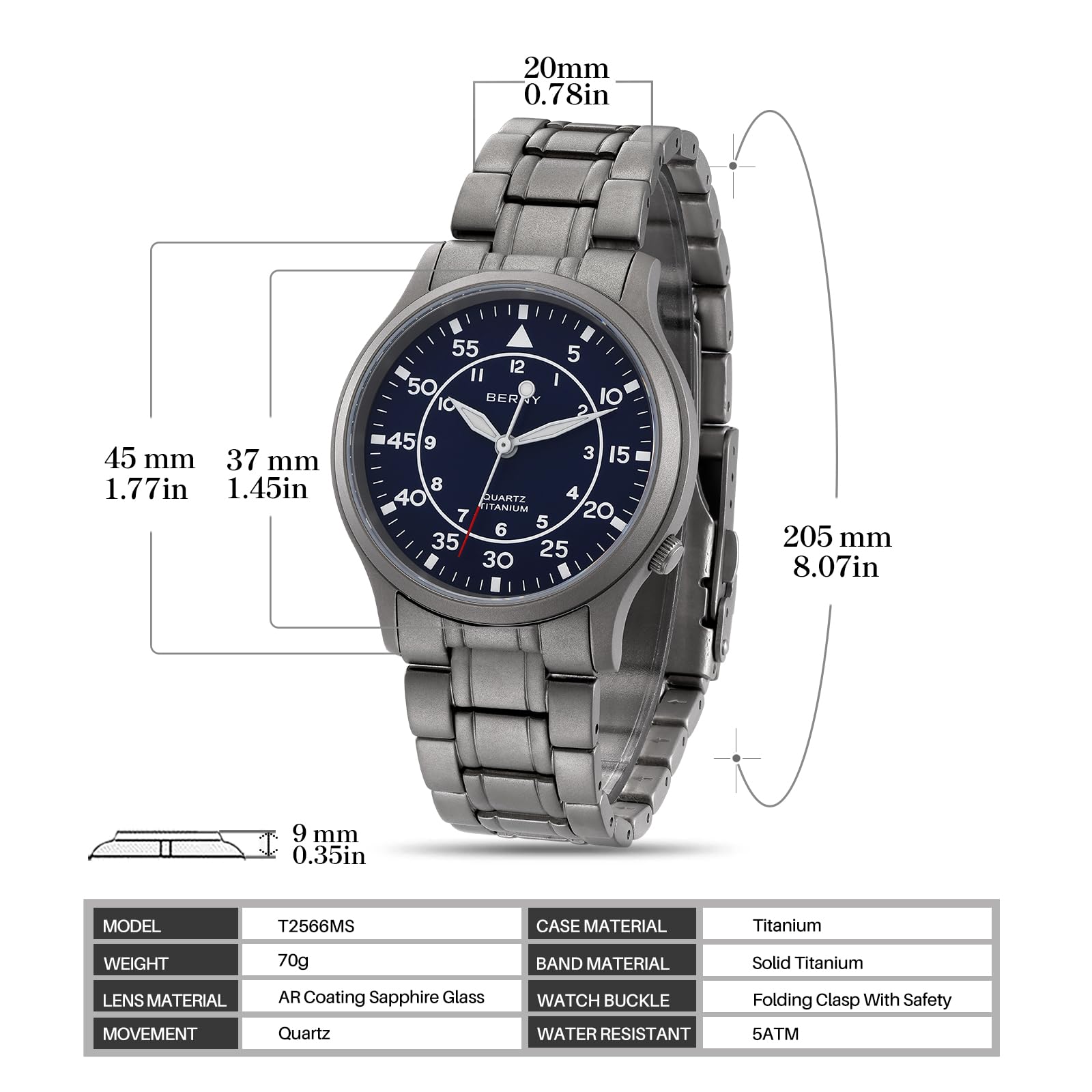 BERNY Titanium Watches for Men Japanese Sweep Second Quartz Movement 5ATM Waterproof Men's Field Wrist Watch Military Wristwatch with Luminous Analog Sport Watches - Image 6