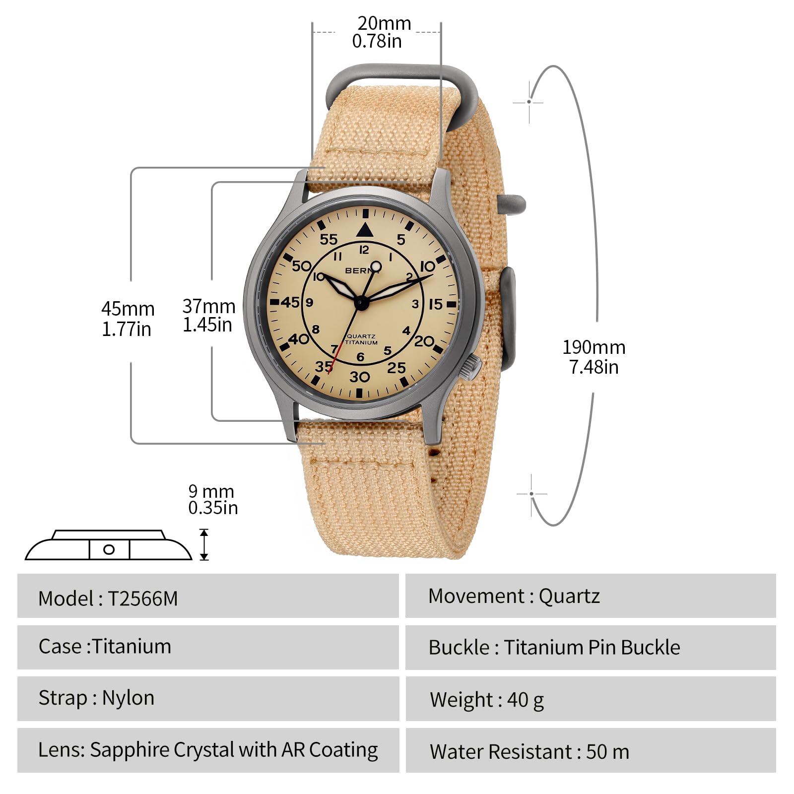 BERNY Titanium Watches for Men Japanese Sweep Second Quartz Movement 5ATM Waterproof Men's Field Wrist Watch Military Wristwatch with Luminous Analog Sport Watches - Image 6