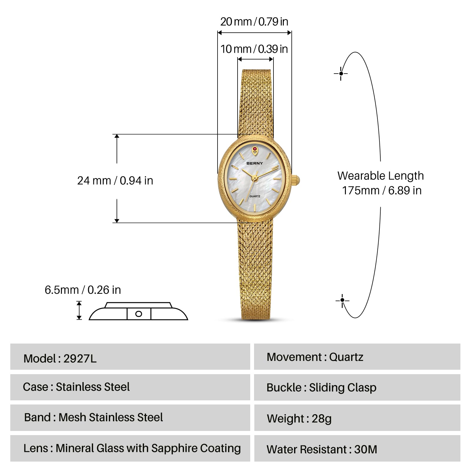 BERNY Vintage Gold Watches for Women, Elegant Oval Women's Wrist Watch, Small Ladies Analog Quartz Watches, 3ATM Waterproof All Stainless Steel Luxury Birthday Present - Image 6