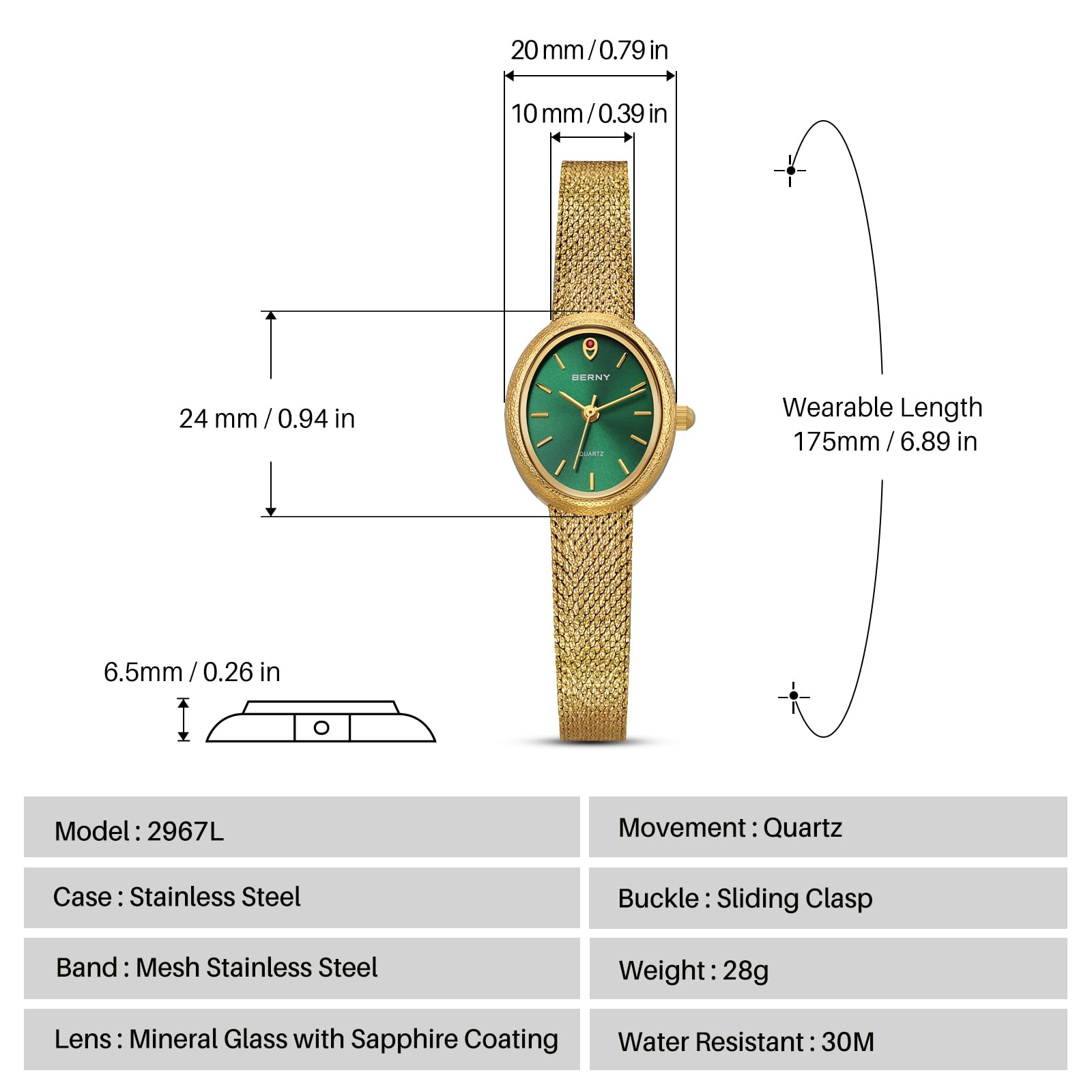 BERNY Vintage Gold Watches for Women, Elegant Oval Women's Wrist Watch, Small Ladies Analog Quartz Watches, 3ATM Waterproof All Stainless Steel Luxury Birthday Present-Sunray Dial - Image 6