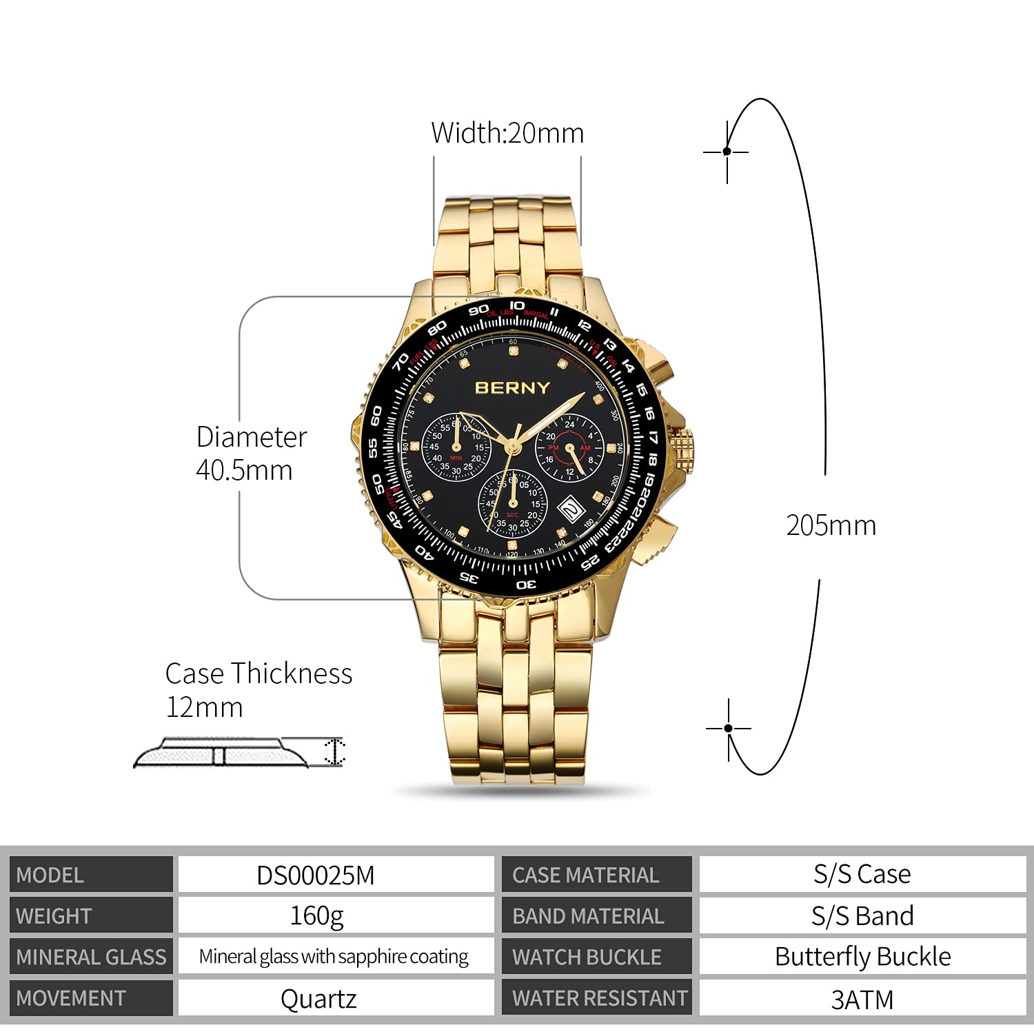 BERNY Watches for Men Real Diamond Dial Luxury Quartz Watch Multi-Function Mens Watch with Stainless Steel Strap - Image 4