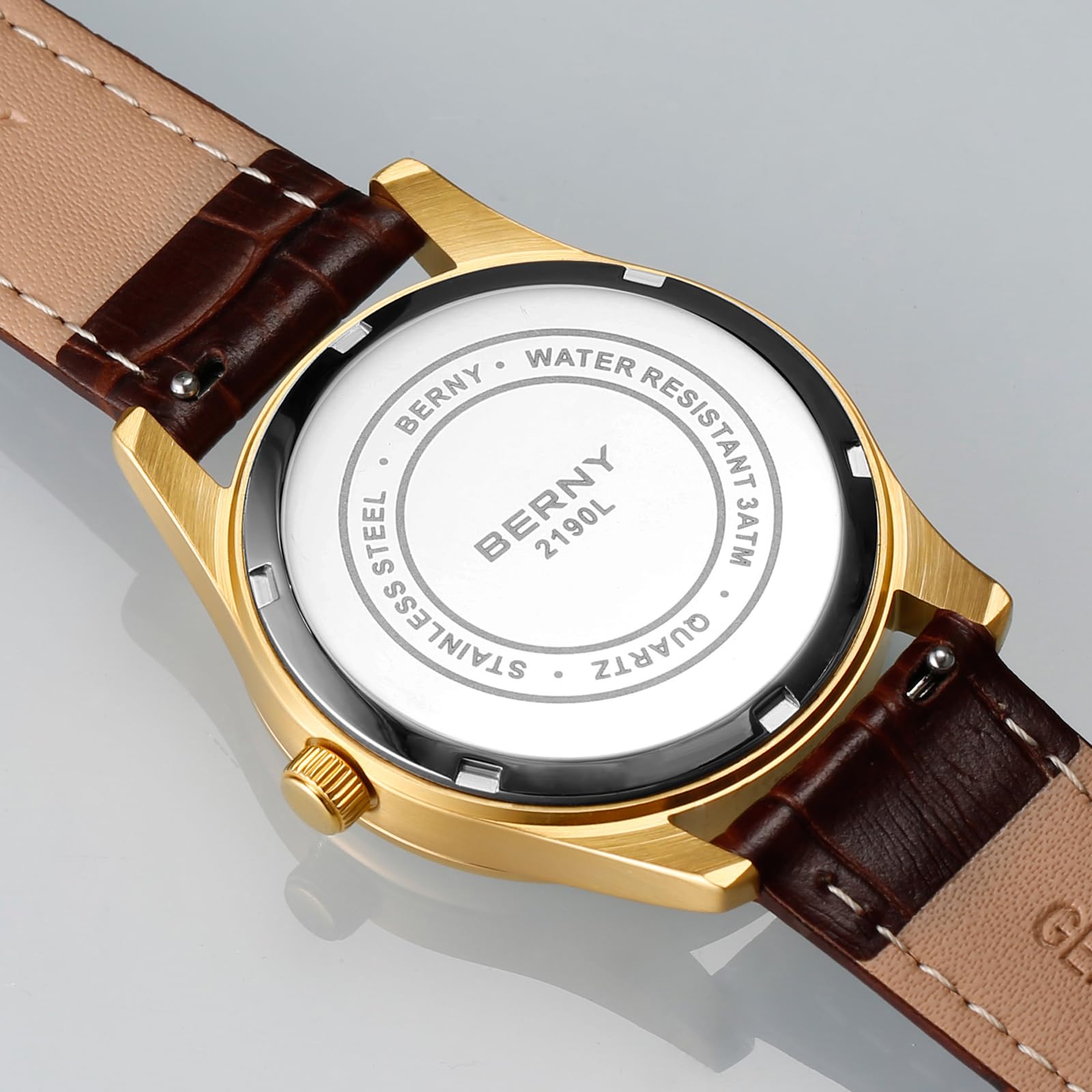 BERNY Womens Multi-Function Watch with Calendar and Moon Phase Watch - Stainless Steel Case and Leather Band - Image 3