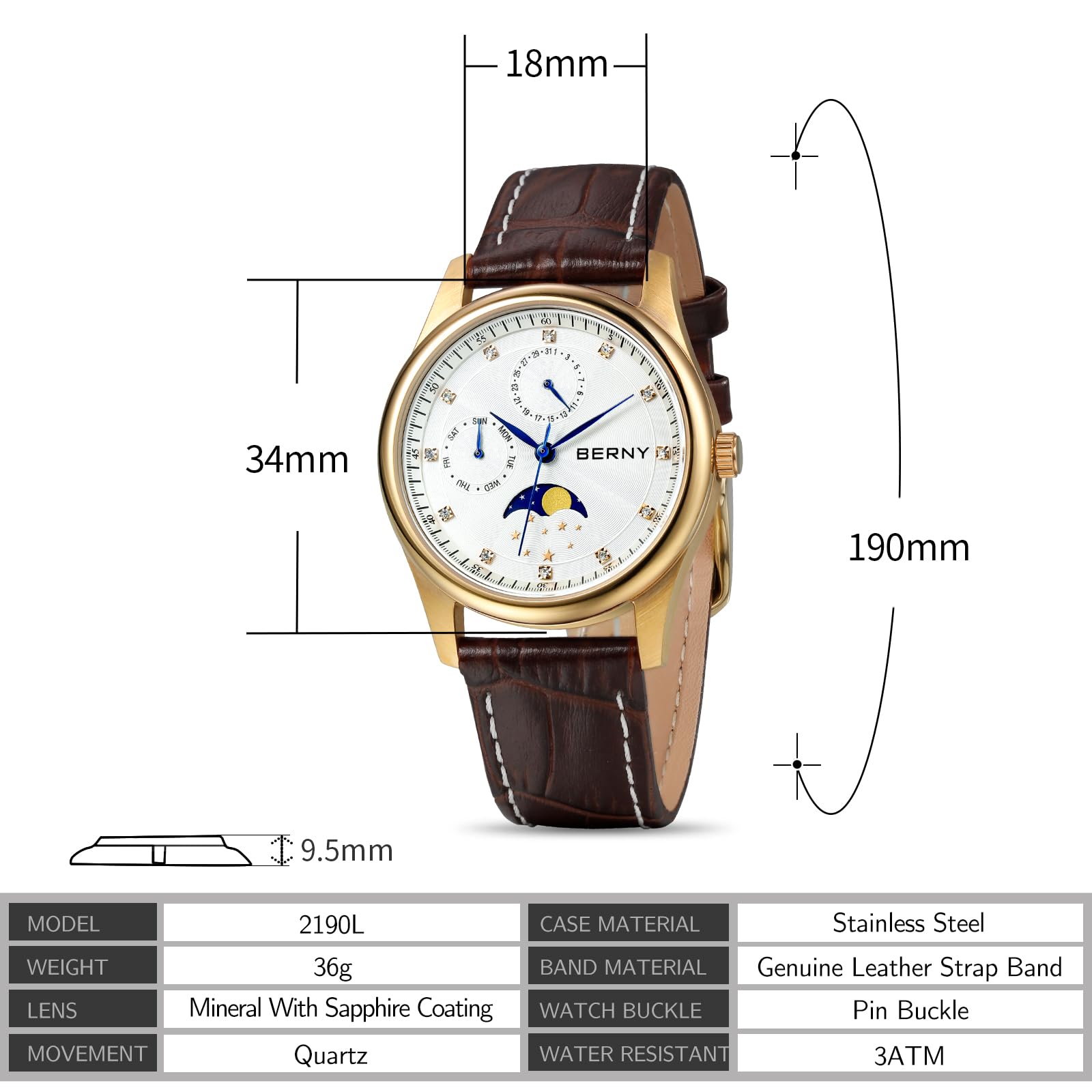 BERNY Womens Multi-Function Watch with Calendar and Moon Phase Watch - Stainless Steel Case and Leather Band - Image 6