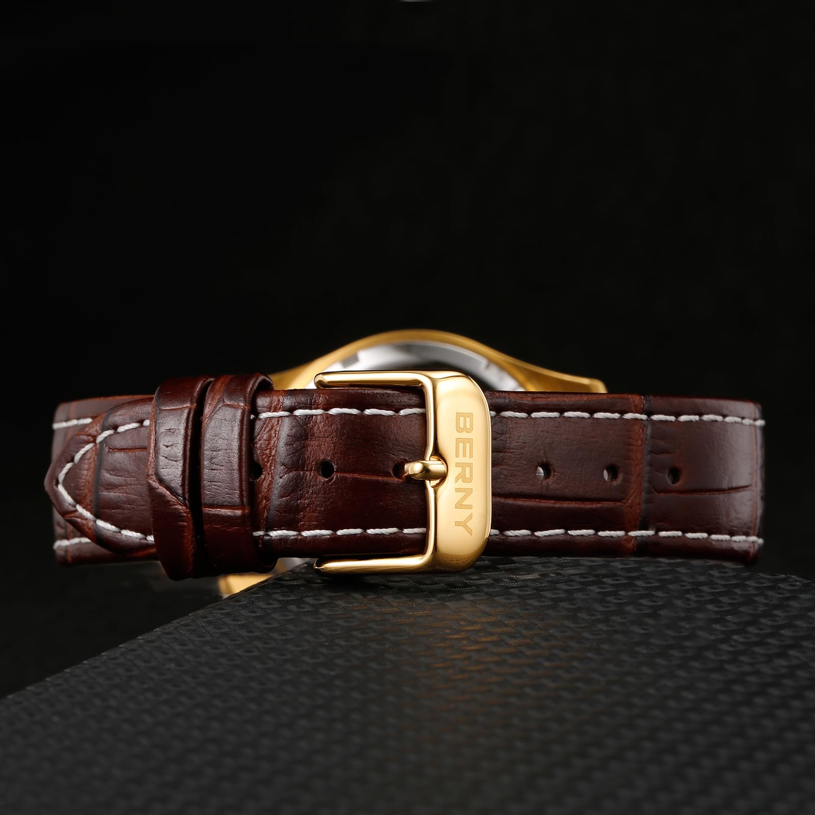 BERNY Womens Multi-Function Watch with Calendar and Moon Phase Watch - Stainless Steel Case and Leather Band - Image 7